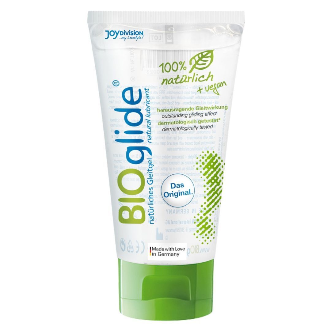 Tubo con tappo verde. Scritta BIOglide, 100% naturale + vegano. Prodotto in Germania.