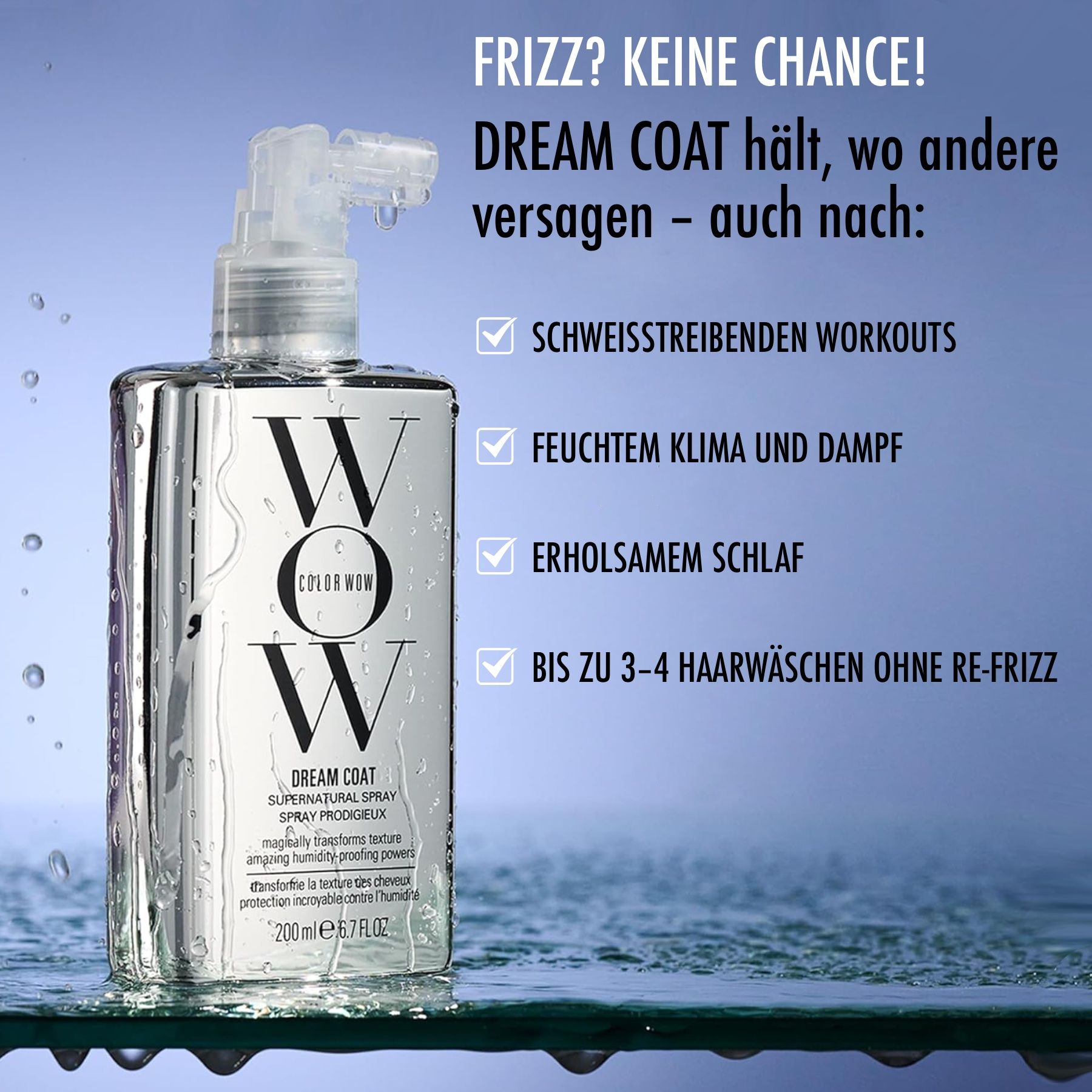 Spray COLOR WOW Dream Coat. Flacone con vaporizzatore. Testo e logo su sfondo argento. Vantaggi del prodotto in tedesco.