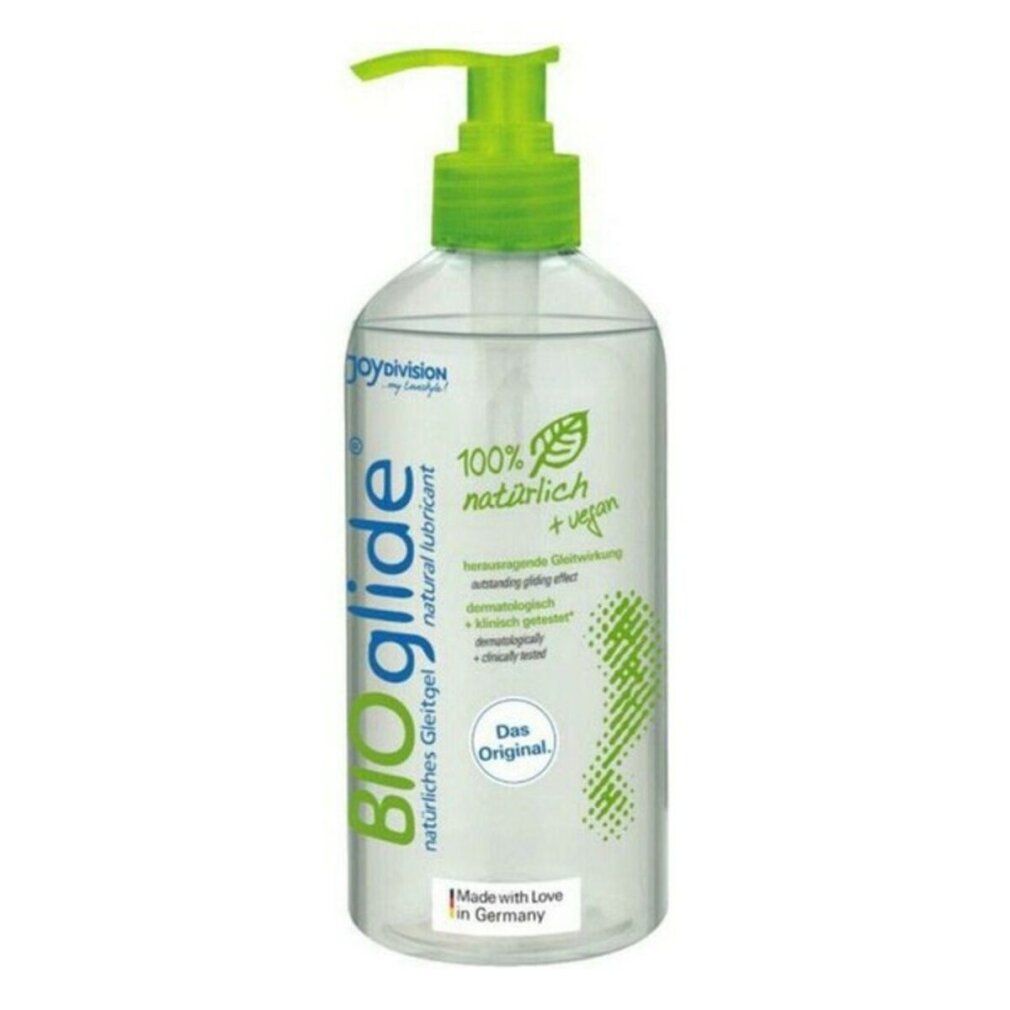 Flacone trasparente con erogatore verde. Scritta BIOglide, 100% naturale + vegano. Prodotto in Germania.