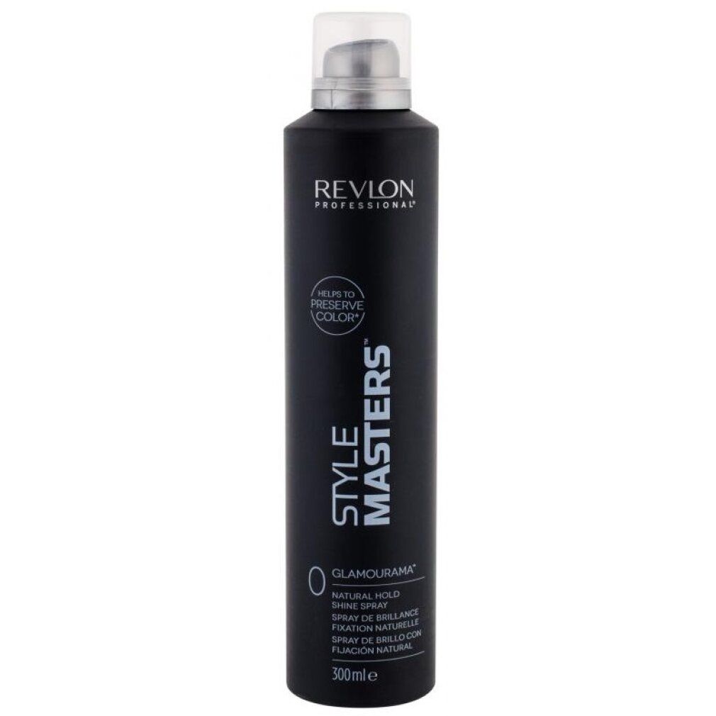 Revlon Style Masters Glamourama Shine Spray. Flacone nero con erogatore bianco. Testo: Revlon, Style Masters, Glamourama, Natural Hold.