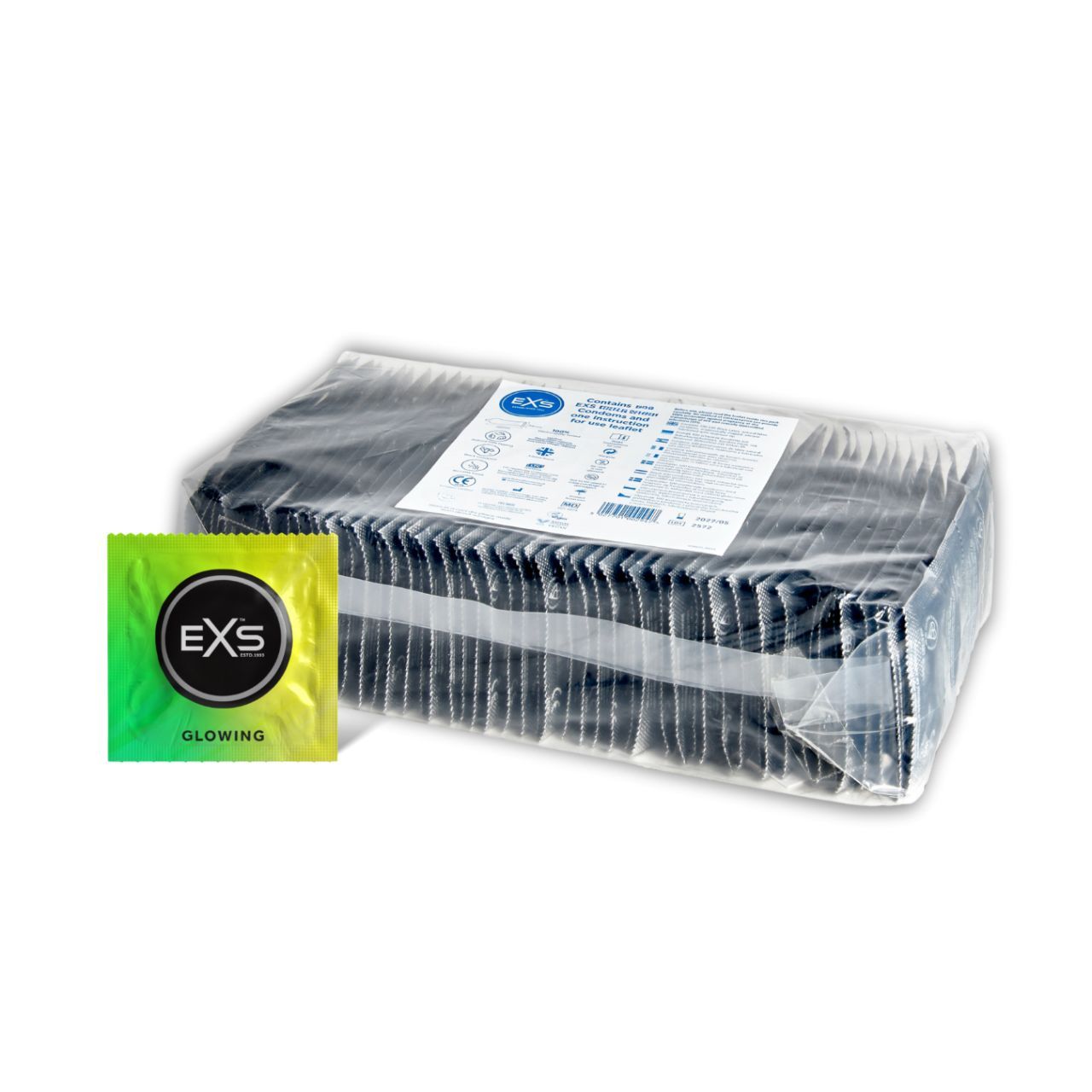 Confezione grande di preservativi, confezionati singolarmente, con una confezione EXS Glowing.