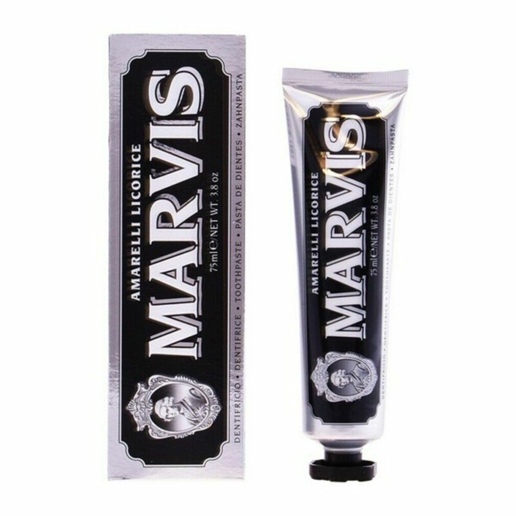 Tubo e scatola di dentifricio. Scatola e tubo affiancati. MARVIS AMARELLI LIQUORICE. Tubo nero, testo argento.