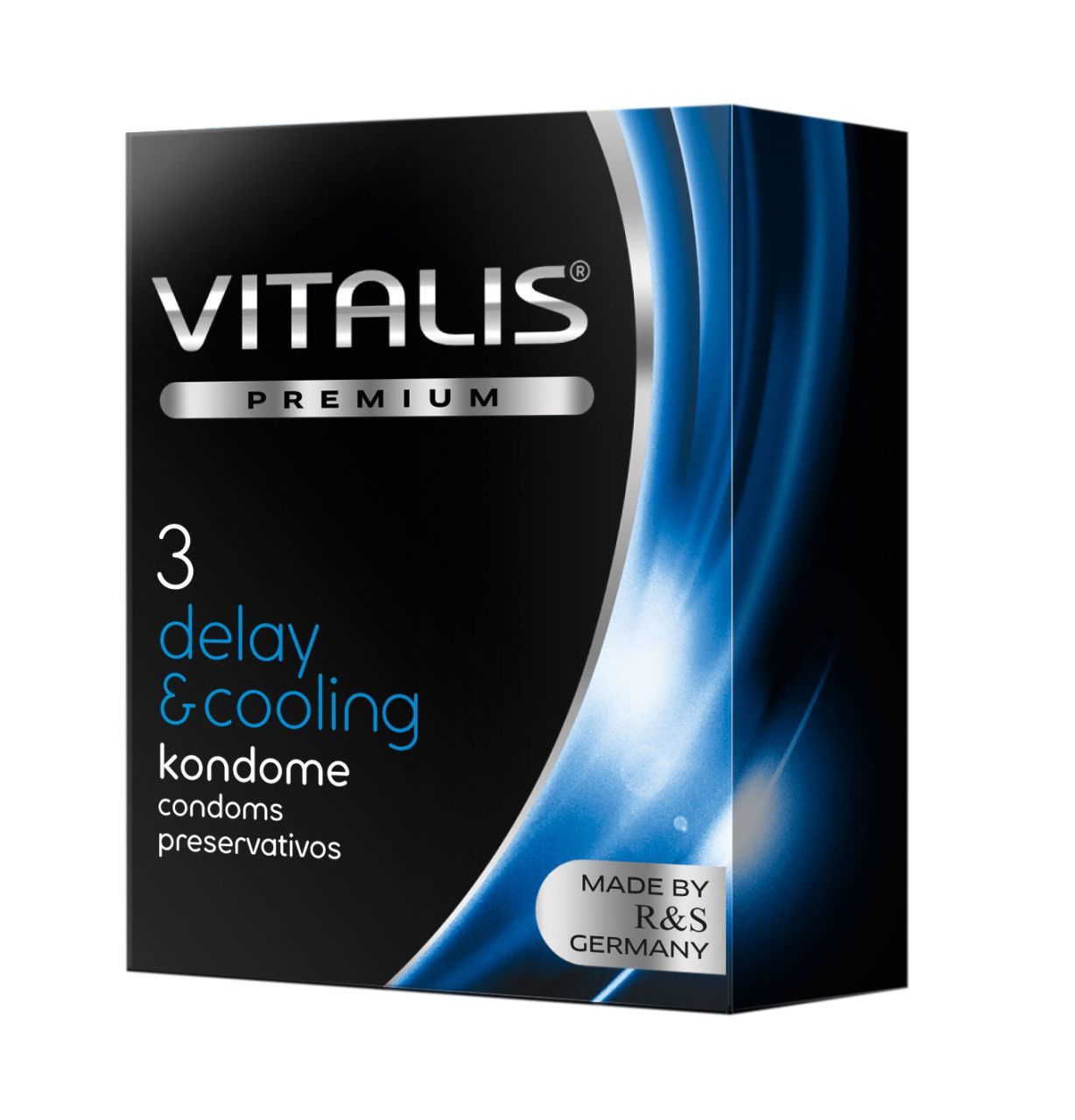 Confezione di preservativi Vitalis PREMIUM Delay & Cooling, 3 pezzi, Made by R&S Germany.