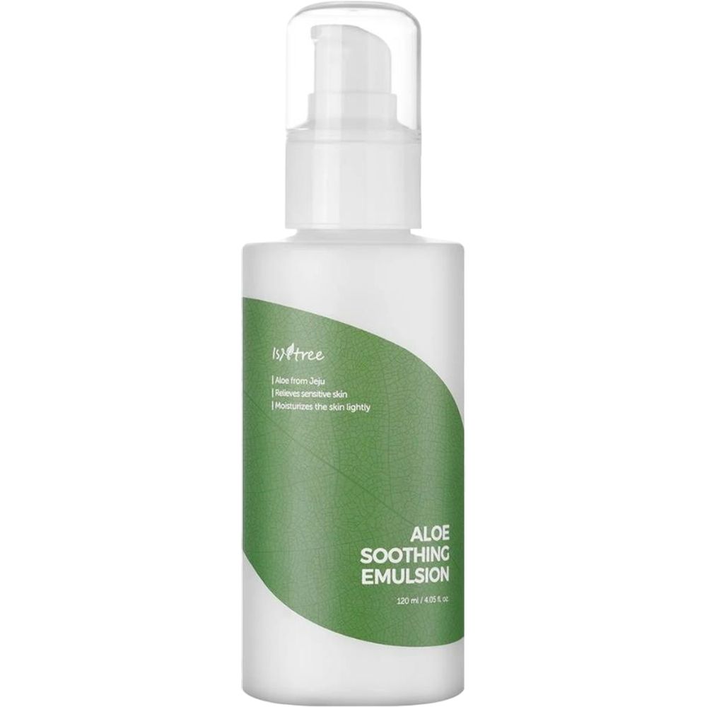 Flacone bianco con etichetta verde. Testo: Aloe Soothing Emulsion. Su sfondo bianco.