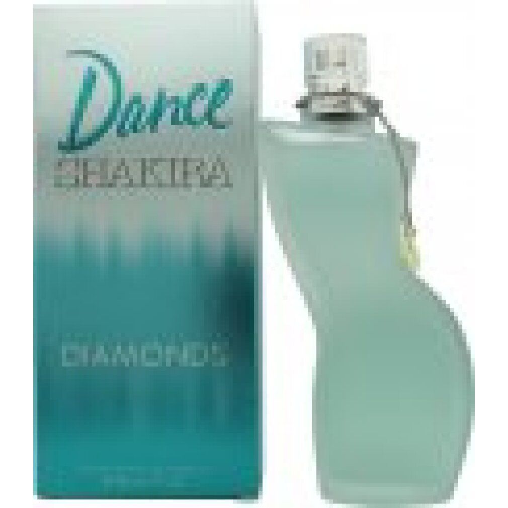 Flacone azzurro a forma di donna, accanto alla scatola con la scritta "Dance Shakira Diamonds".