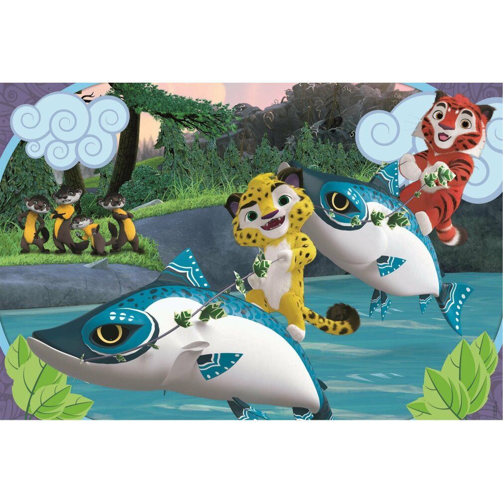 Puzzle con Leo, Tig e squali nell'acqua. 24 pezzi. Sfondo: paesaggio con alberi e nuvole. Logo Clementoni.