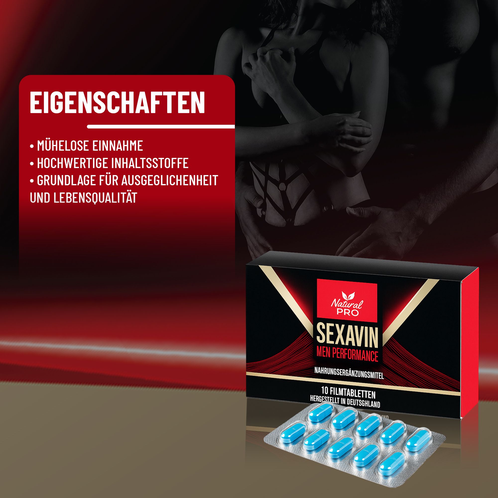 Scatola "SEXAVIN" e blister di compresse. Testo: "EIGENSCHAFTEN". Coppia sullo sfondo.