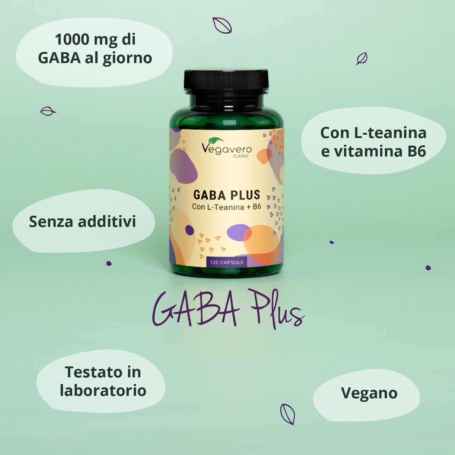 Flacone verde con tappo nero. Scritta: Vegavaro Classic GABA PLUS Con L-Teanina + B6. 120 capsule. Informazioni aggiuntive.
