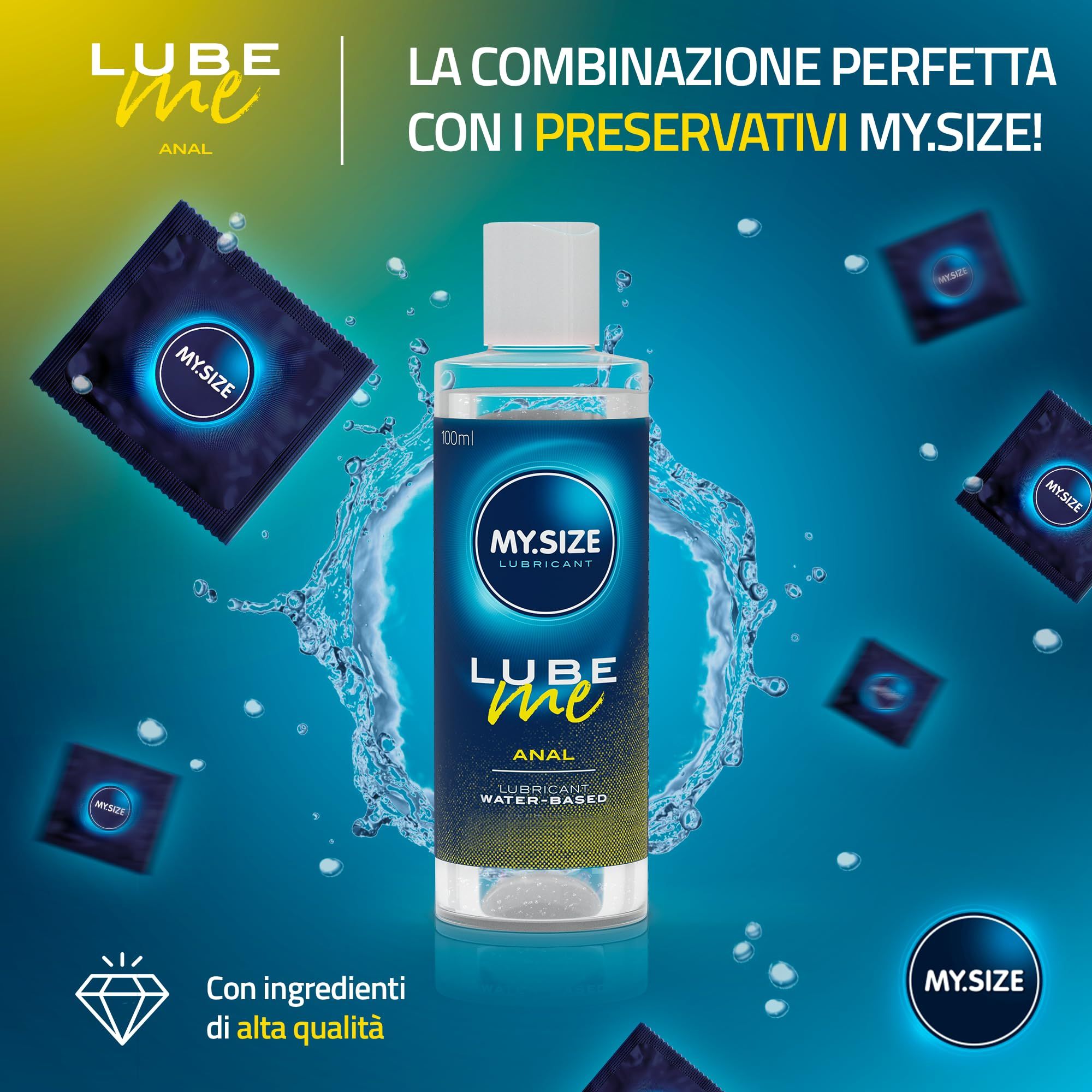 Flacone di gel lubrificante MY.SIZE Lube Me Anal circondato da preservativi MY.SIZE.