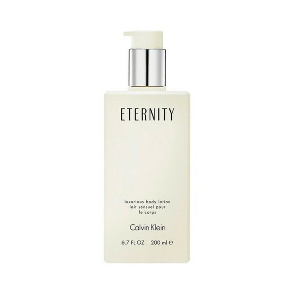 Flacone di lozione beige con dosatore. Scritta: ETERNITY, Calvin Klein. Testo: luxurious body lotion, lait sensuel pour le corps.