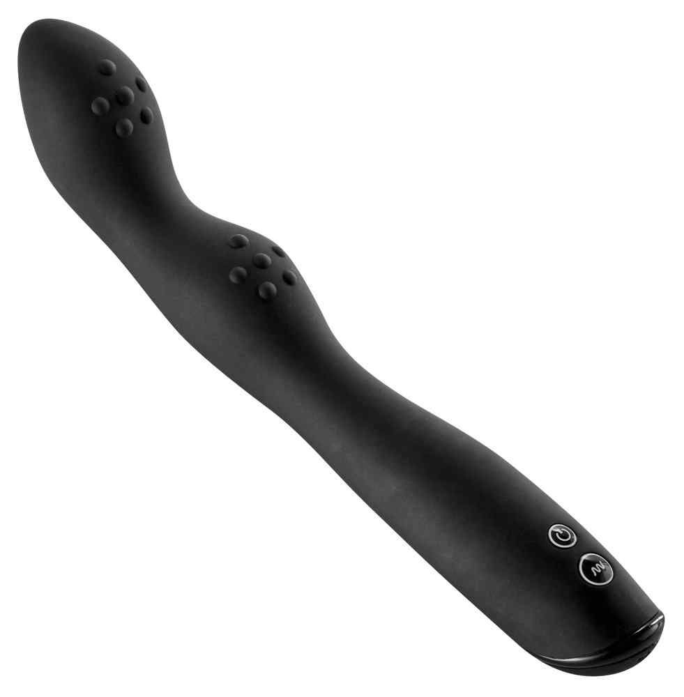 Vibratore nero con forma curva, scanalature e pulsanti di controllo.