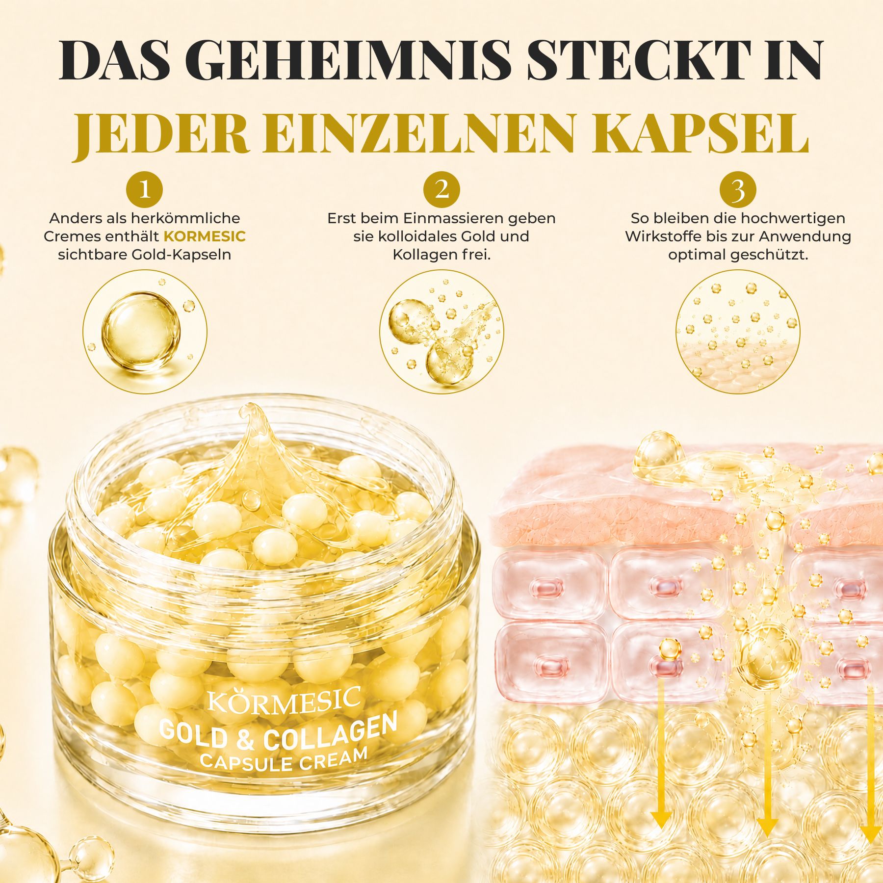Crema viso in capsule KORMESIC al collagene e oro – Luminosità radiosa