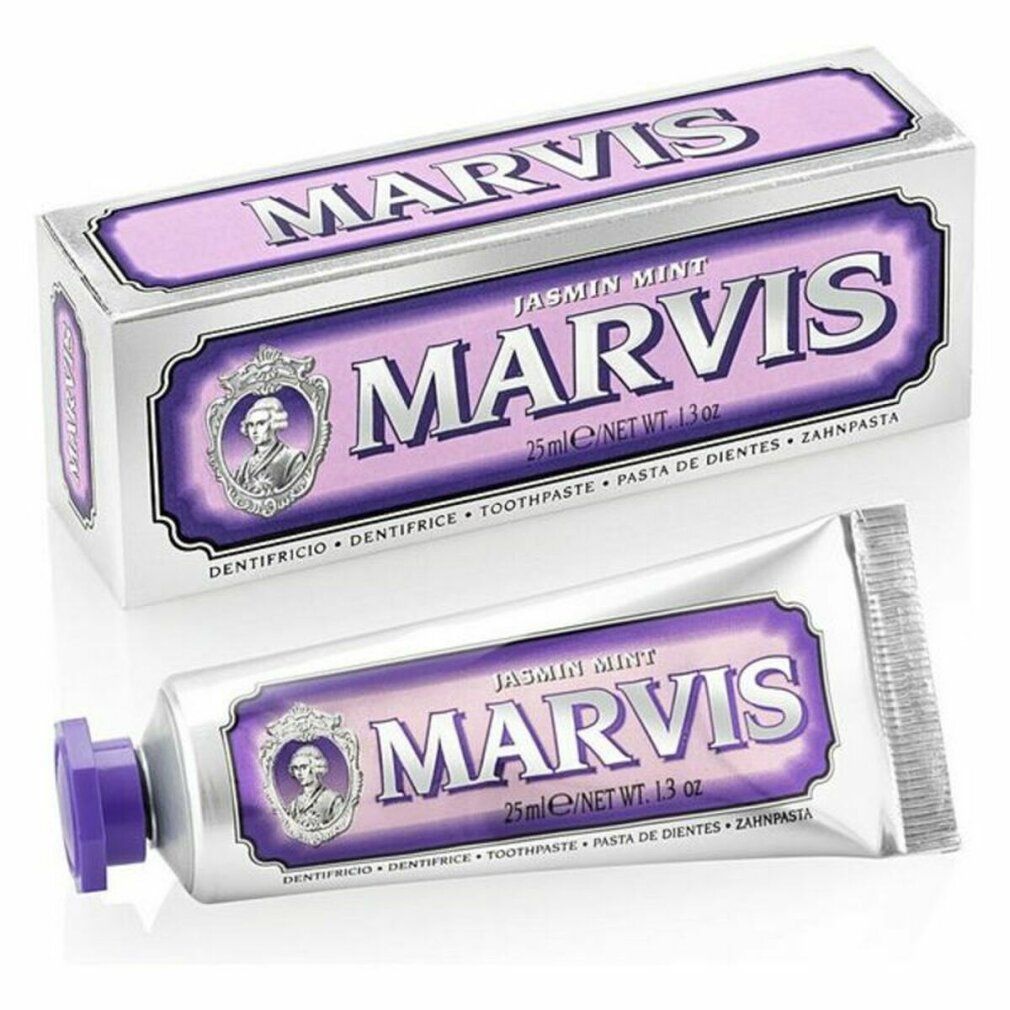 Tubo e scatola di dentifricio. Scritta: MARVIS, Jasmin Mint, 25ml. Dettagli viola. Scatola accanto.