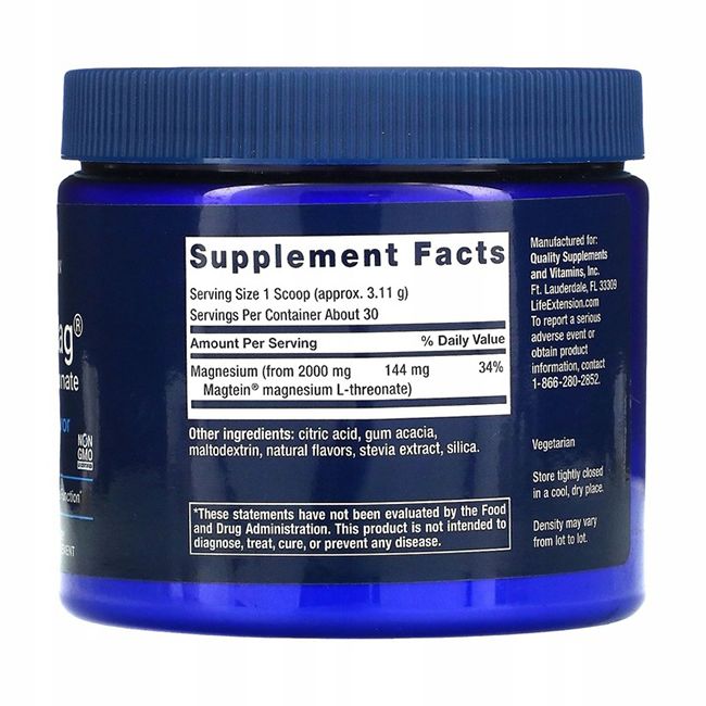 Retro di un contenitore blu con informazioni nutrizionali per Life Extension Neuro-Mag Magnesium L-Threonate.