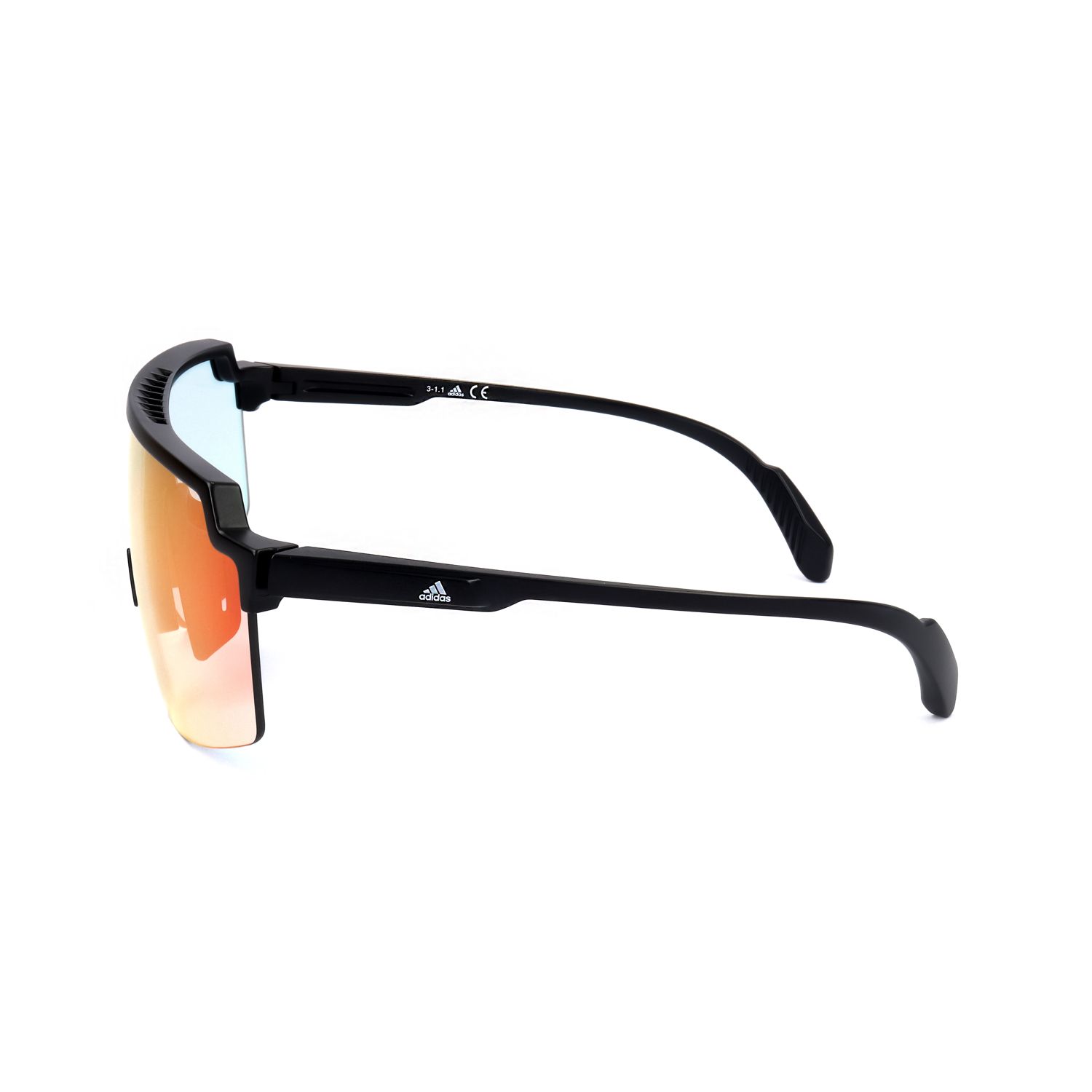 Occhiali da sole sportivi Adidas neri con lente sfumata arancione e marchio CE.