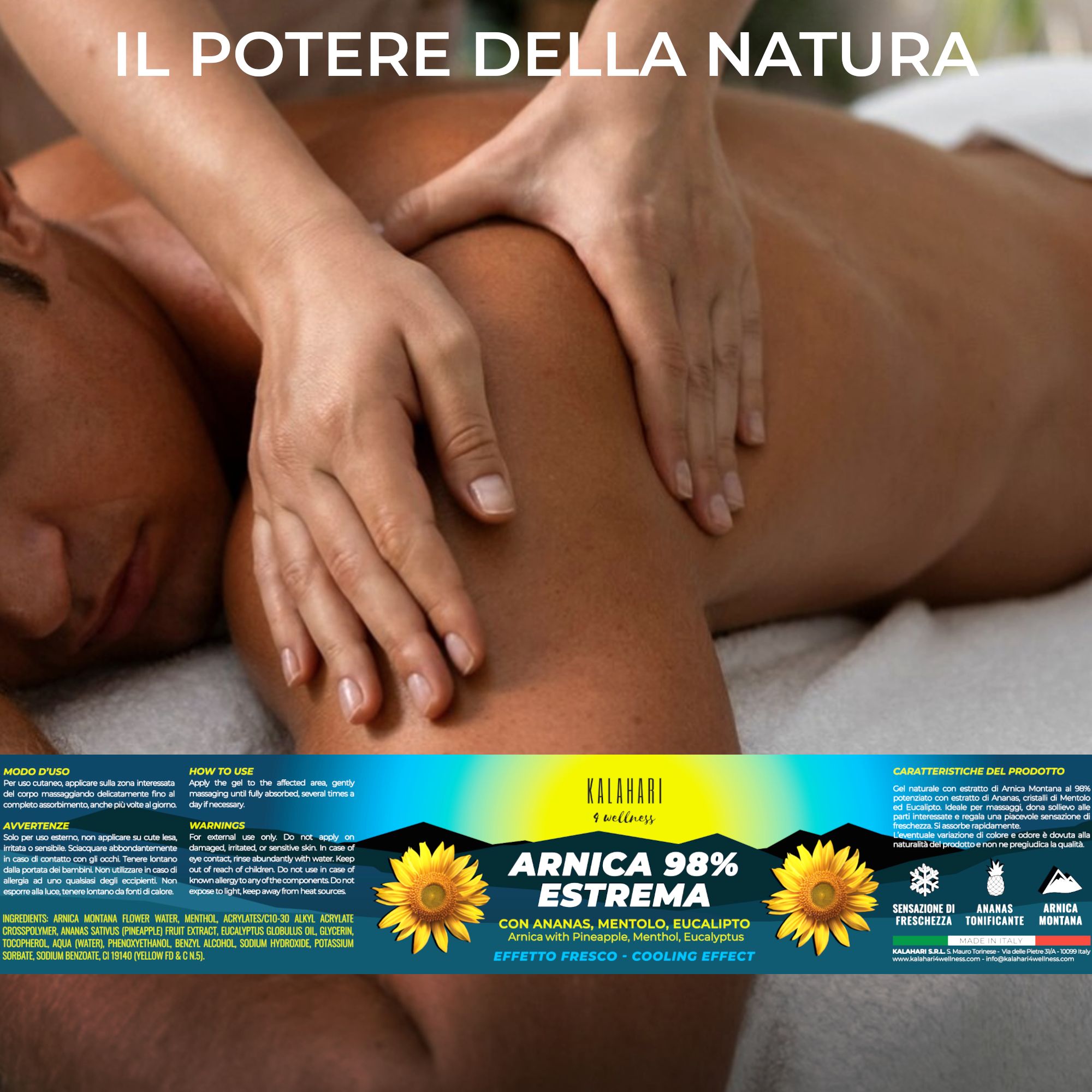 Massaggio sulla schiena, con un vasetto KALAHARI Arnica 98% ESTREMA in primo piano.