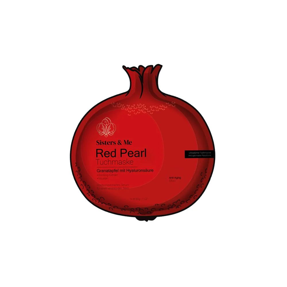Maschera in tessuto rossa a forma di melograno. Scritta: Sisters & Me, Red Pearl, melograno con acido ialuronico.