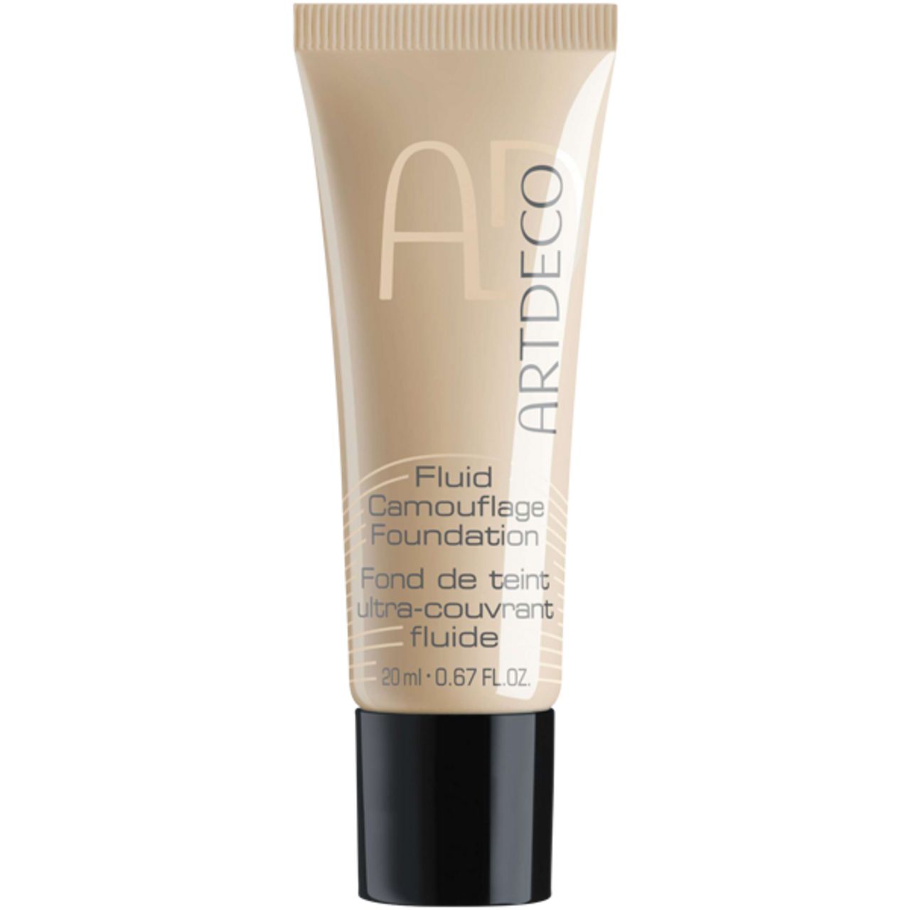 Artdeco Fluid Camouflage Foundation. Tubo beige con tappo nero. Nome del prodotto e logo visibili.