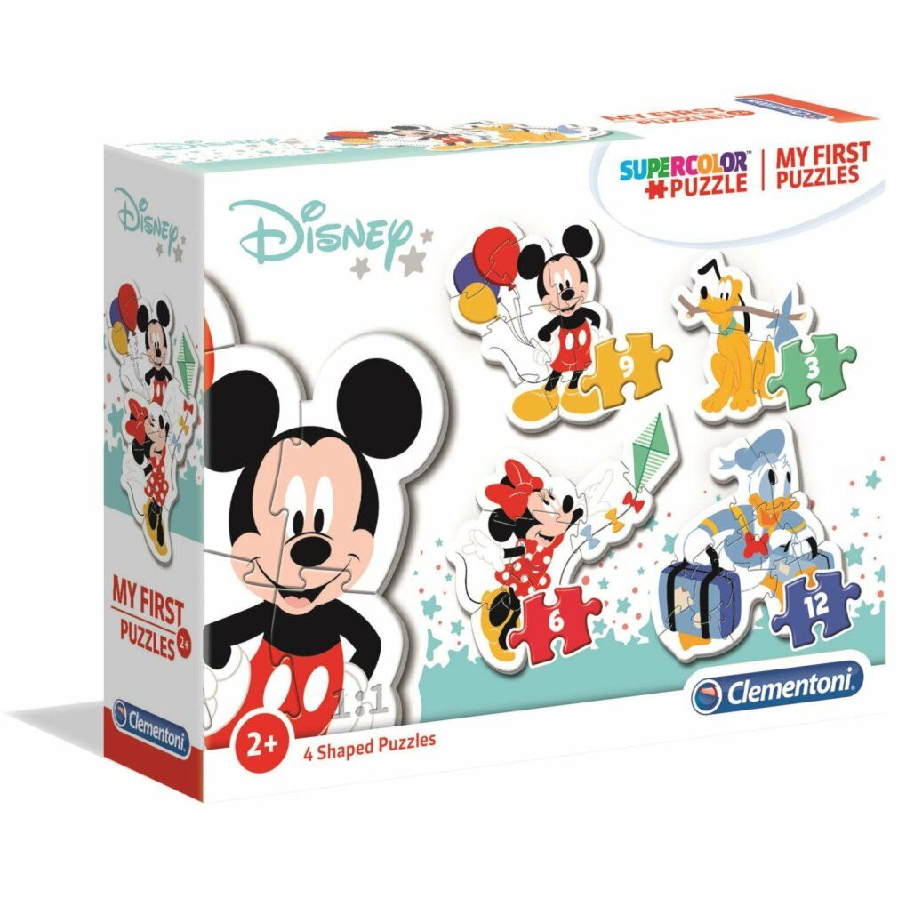 Scatola puzzle con motivi di Topolino. Contiene 4 puzzle per bambini dai 2 anni in su. Marchio: Clementoni. Scritta: My First Puzzles.