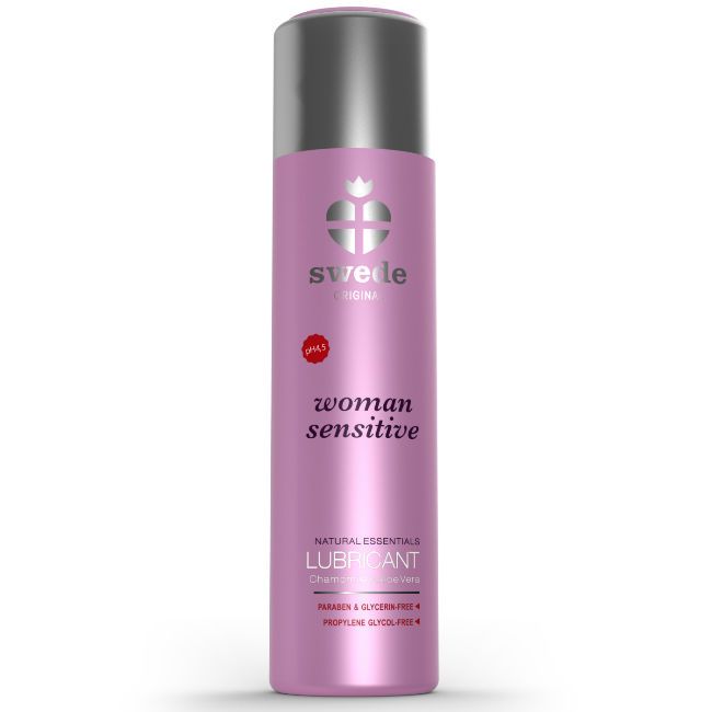 Flacone di lubrificante Swede Woman Sensitive, rosa con tappo argentato. pH 4.5.