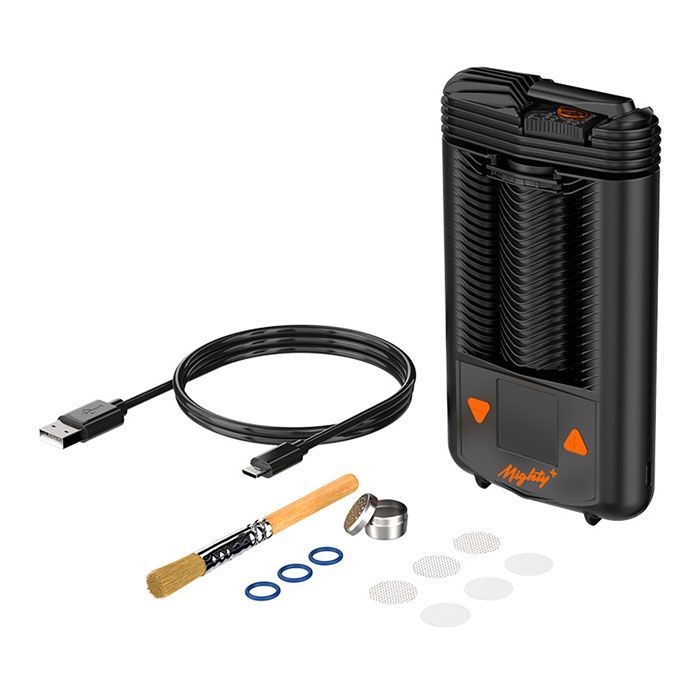 Vaporizzatore MIGHTY+ con cavo di ricarica USB, spazzola, anelli di tenuta e setacci.