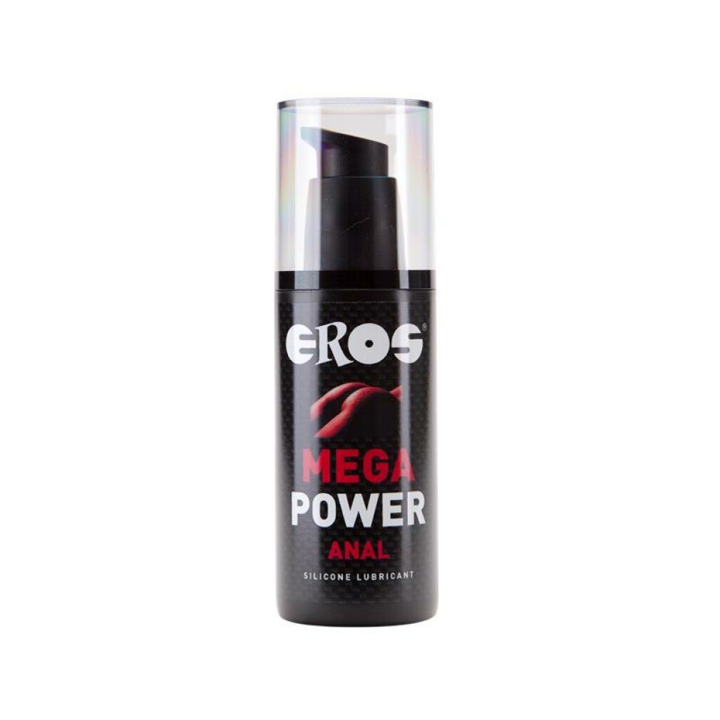 Flacone nero con pompa. Scritta: EROS, MEGA POWER ANAL, SILICONE LUBRICANT. Parte superiore trasparente.