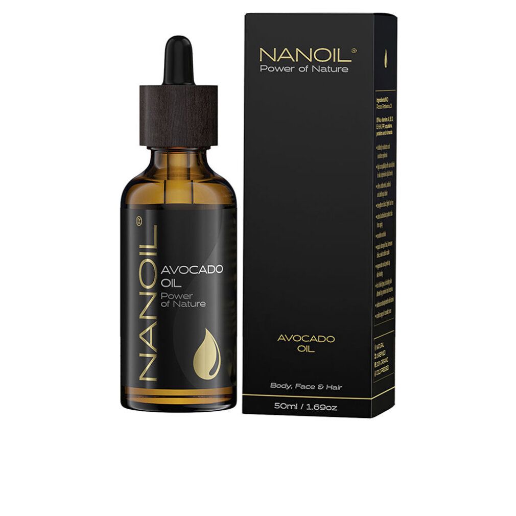 Flacone in vetro ambrato con contagocce e confezione nera. Scritta: NANOIL Avocado Oil. Power of Nature. Per corpo, viso e capelli.