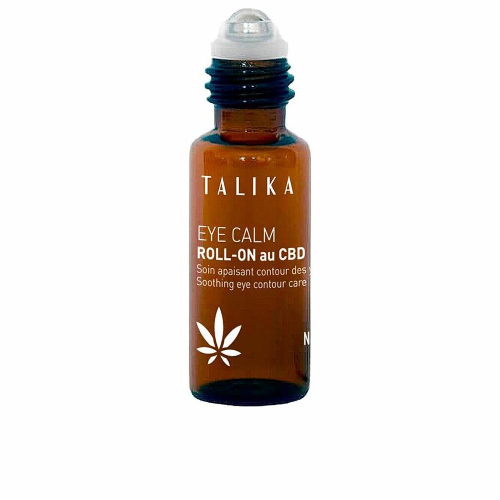 Flacone di vetro marrone con applicatore roll-on. Scritta: TALIKA EYE CALM ROLL-ON au CBD. Simbolo foglia di cannabis.