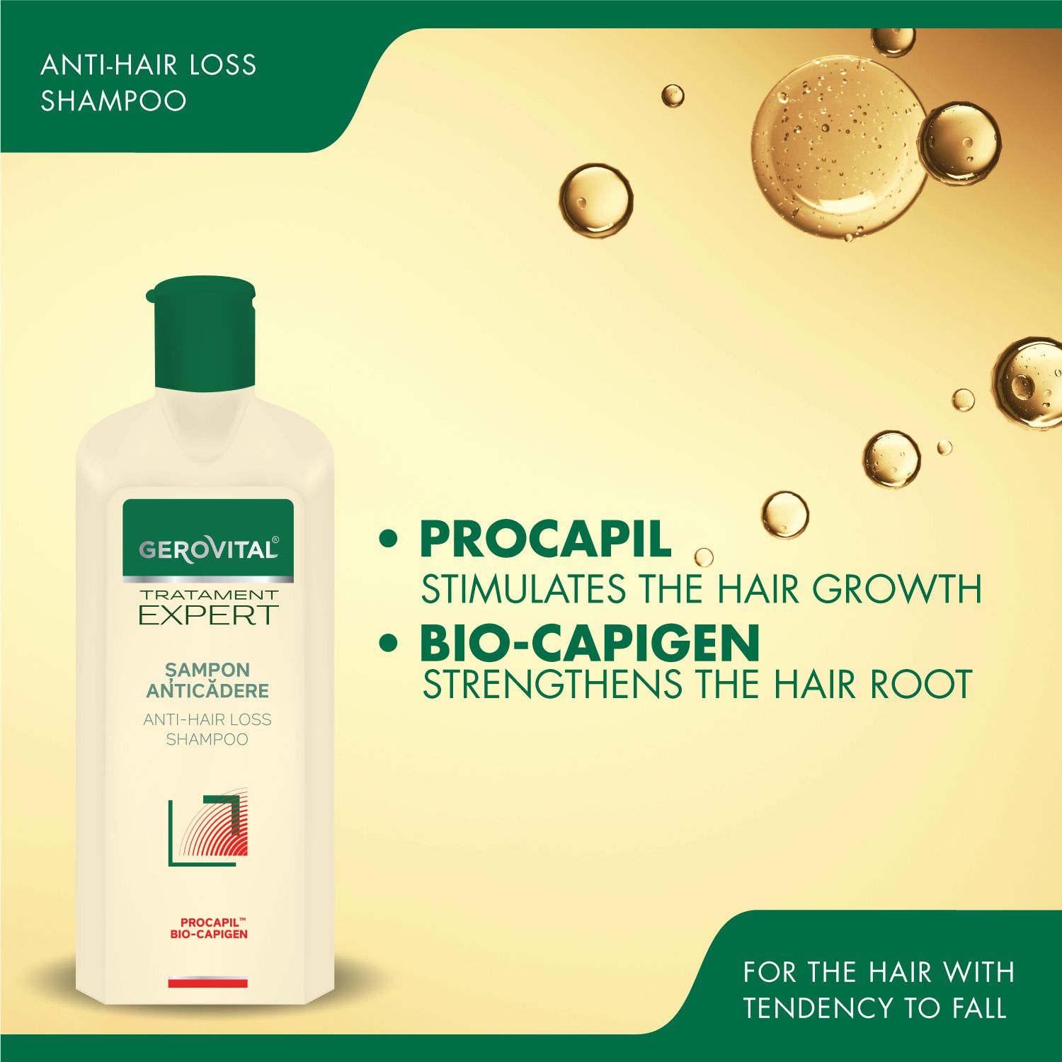 Shampoo anticaduta Gerovital. Flacone beige, tappo verde. Testo: Tratament Expert, Anti-Hair Loss Shampoo. Procapil, Bio-Capigen.