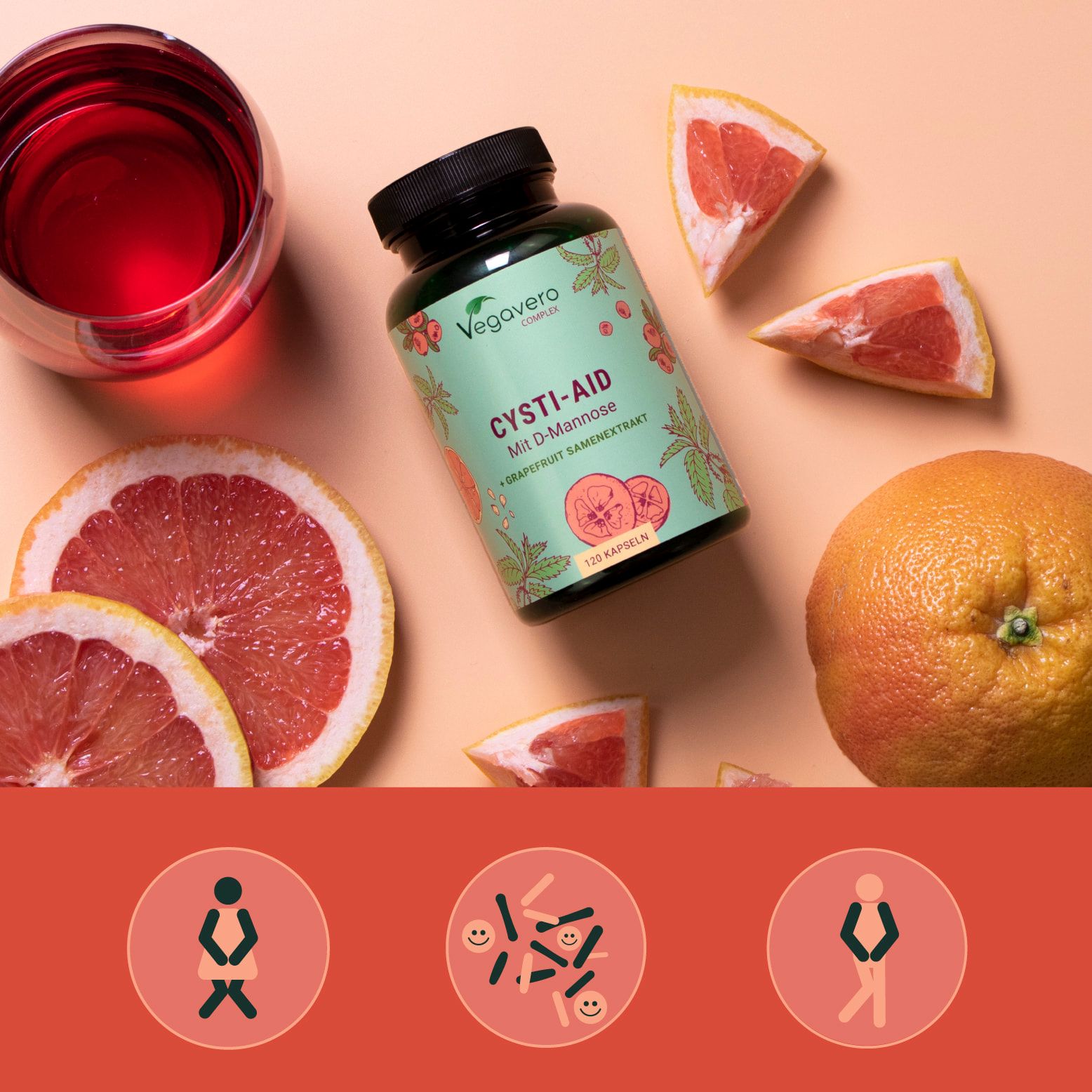 Flacone VEGAVERO Cysti-Aid Complex con pompelmo e bevanda. Scritta: CYSTI-AID Mit D-Mannose + Grapefruit Samenextrakt. 120 capsule.