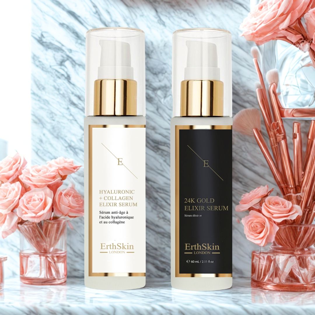 Due flaconi di siero con dettagli dorati, accanto a rose e pennelli per il trucco. Un flacone bianco con "Hyaluron + Collagen". Un nero con "24K Gold".