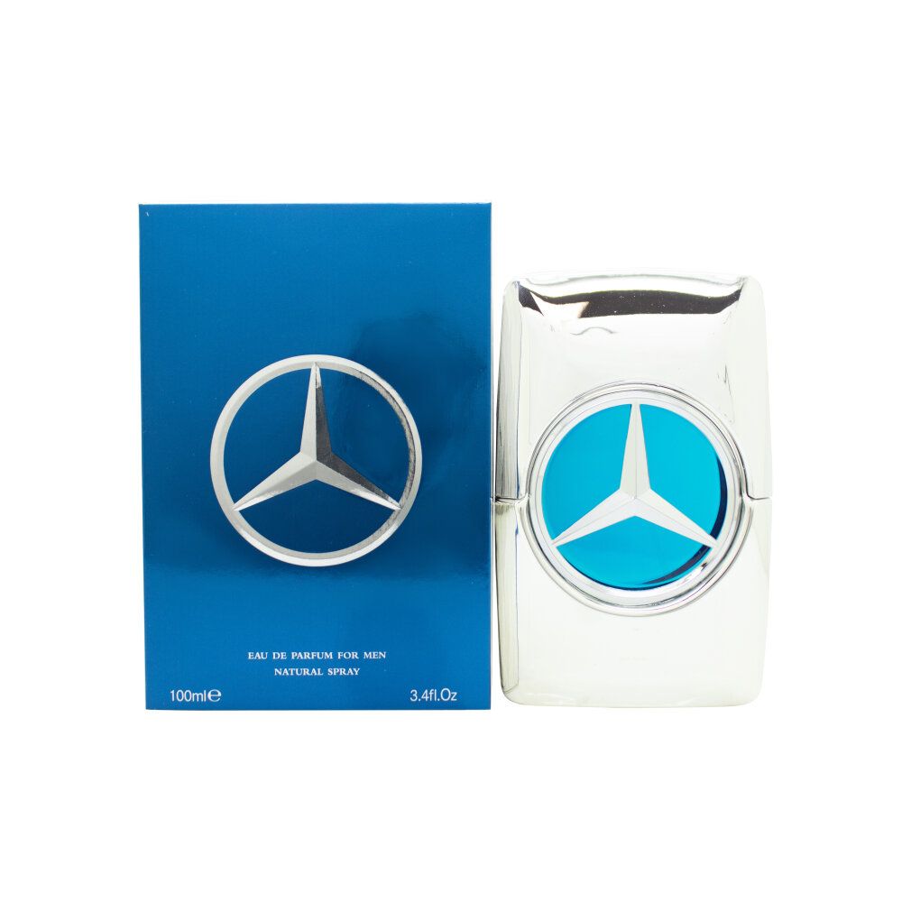 Flacone e confezione. Flacone argentato con logo blu. Confezione blu con logo e testo: Mercedes-Benz Man Bright.