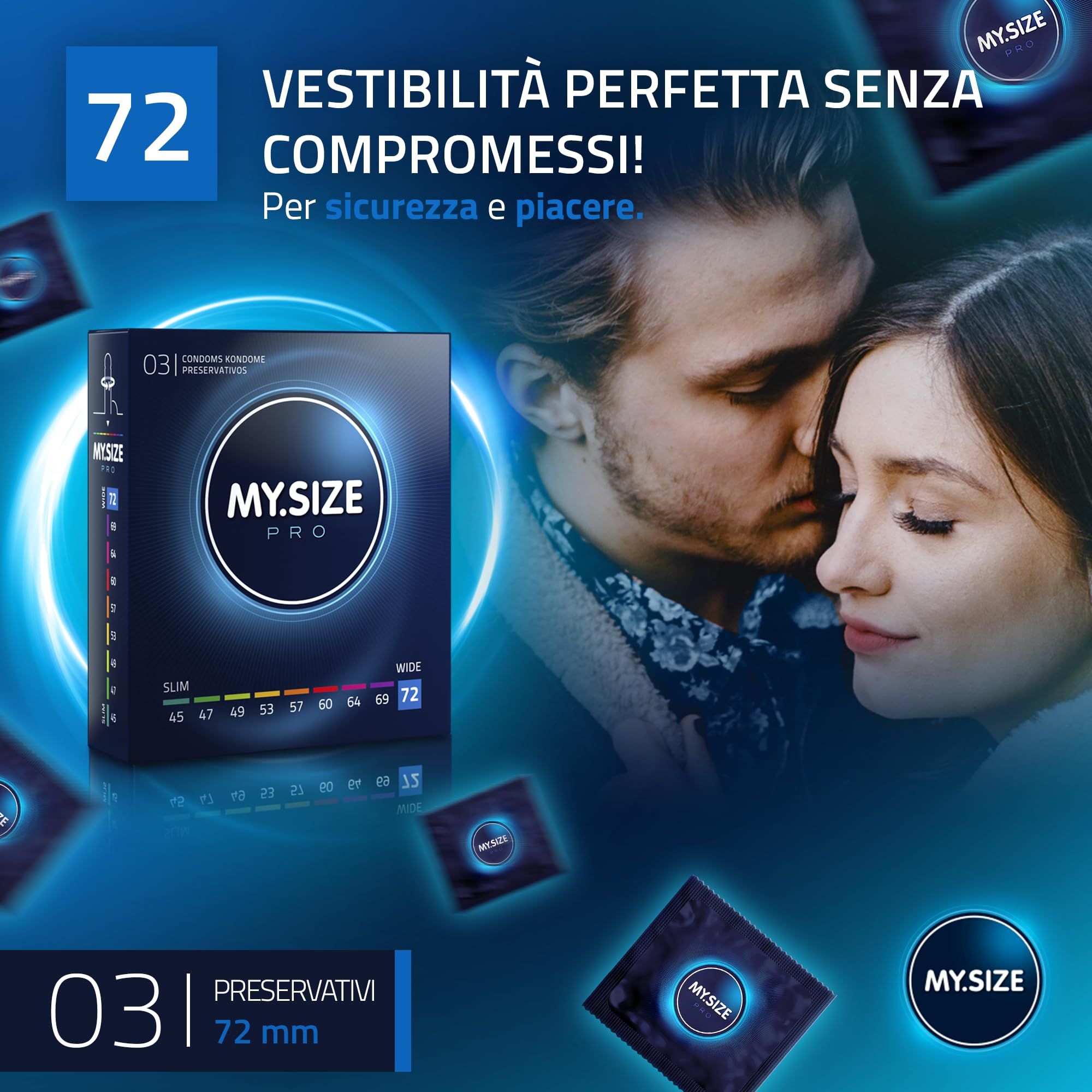 Preservativi MY.SIZE PRO 72mm: confezione e coppia. 3 pezzi.
