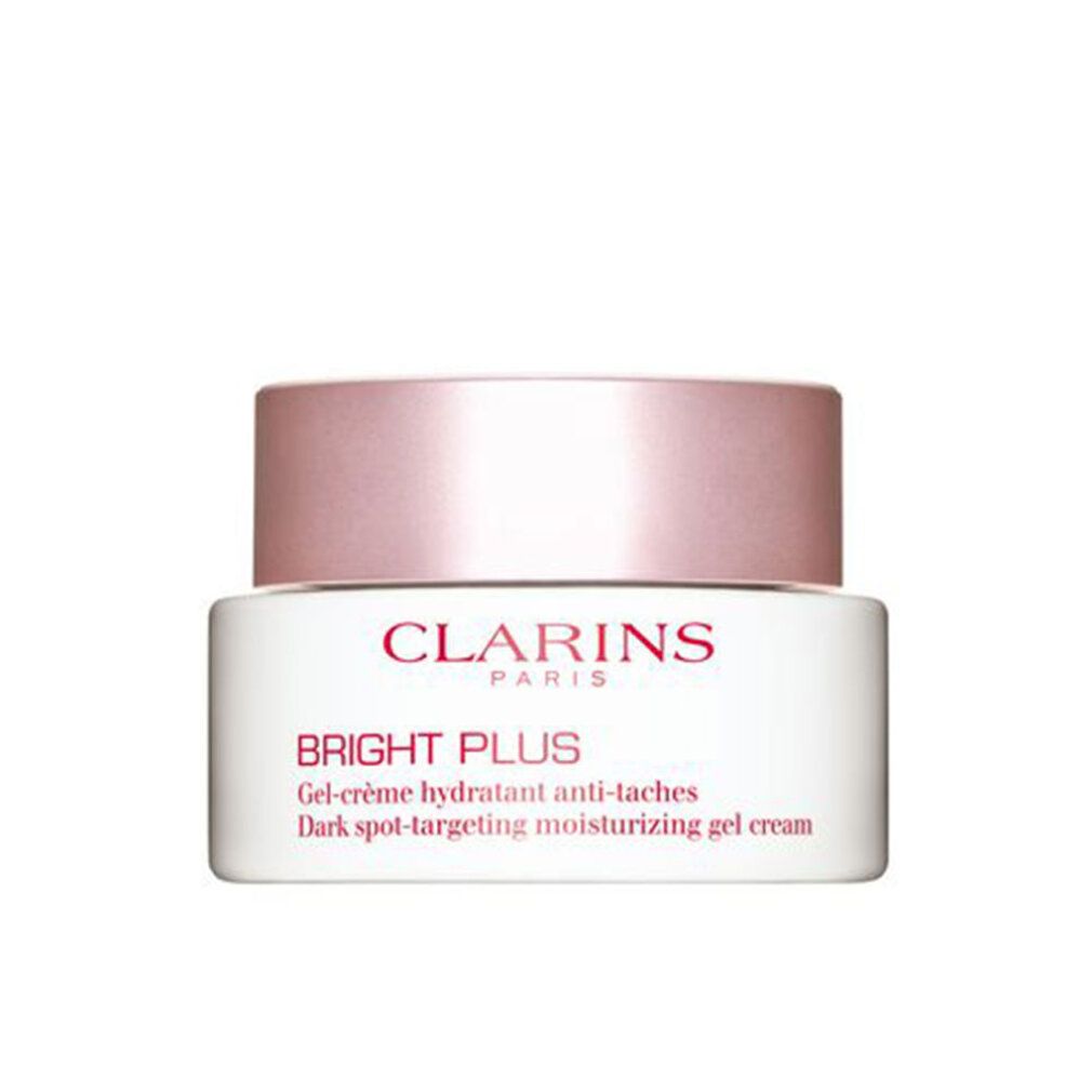 Vasetto bianco con coperchio rosa. Scritta: CLARINS PARIS, BRIGHT PLUS. Gel-crème hydratant anti-taches. Dark spot-targeting moisturizing gel cream.