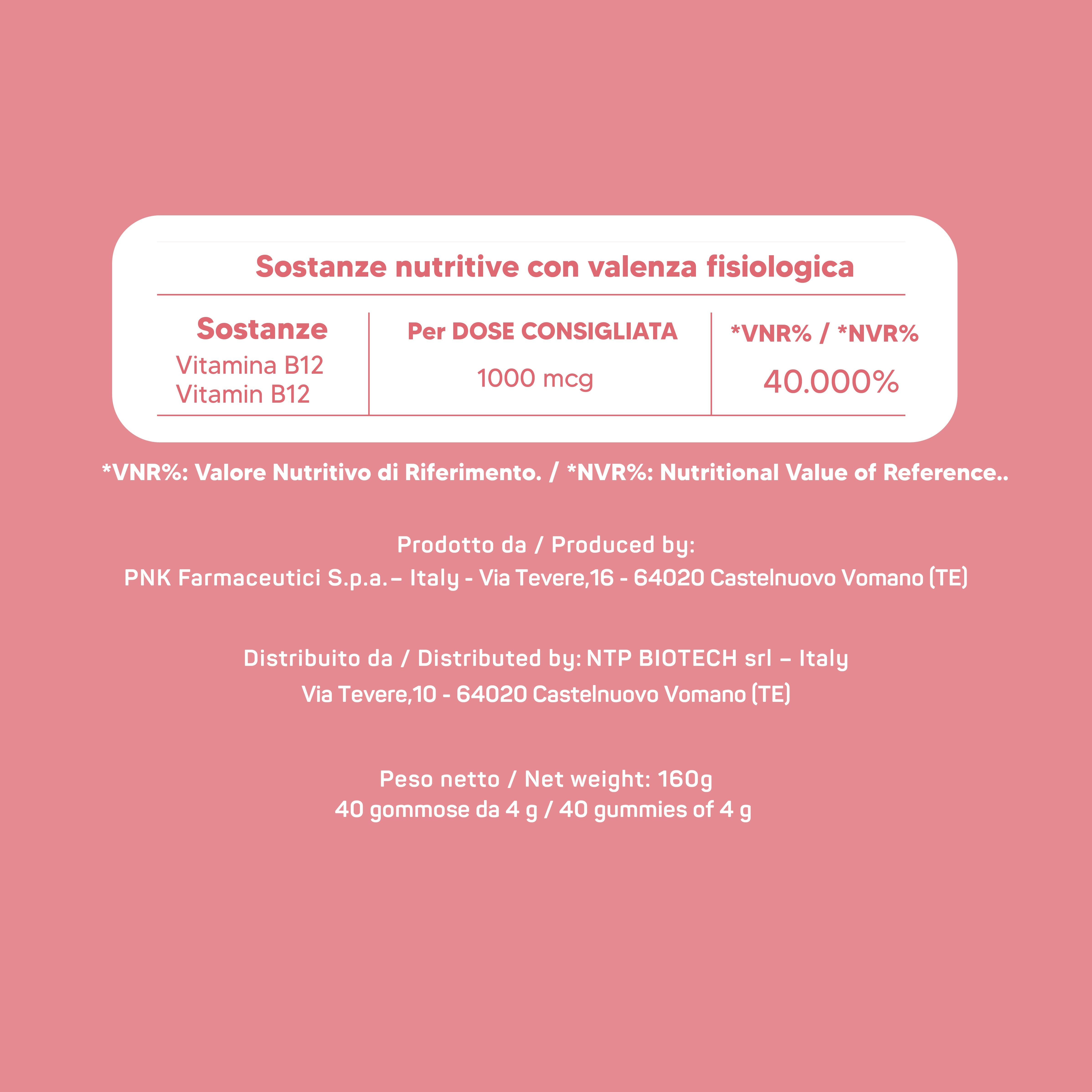 Testo su sfondo rosa. Informazioni nutrizionali: Vitamina B12, 1000 mcg, 40,000% VNR. Prodotto da Pnk Farmaceutici. 40 caramelle gommose.