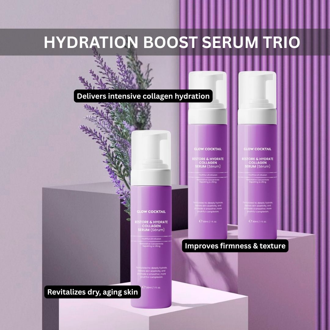 Tre flaconi viola con erogatori bianchi. Testo: Glow Cocktail, Restore & Hydrate Collagen Serum. Su sfondo viola.