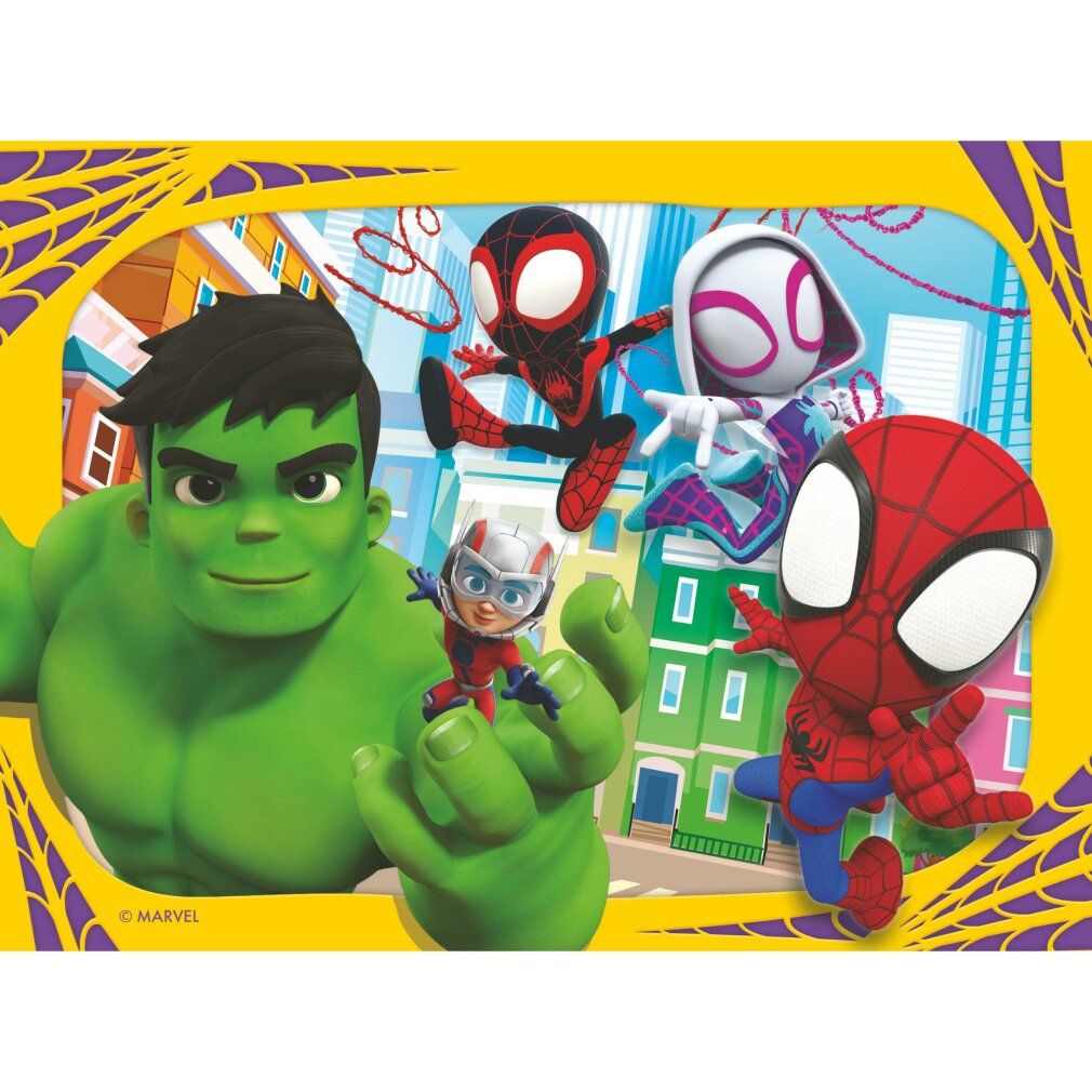 Puzzle con Spidey e amici. Personaggi dei fumetti: Hulk, Ant-Man, Miles Morales, Spider-Gwen e Spidey davanti a uno sfondo urbano.