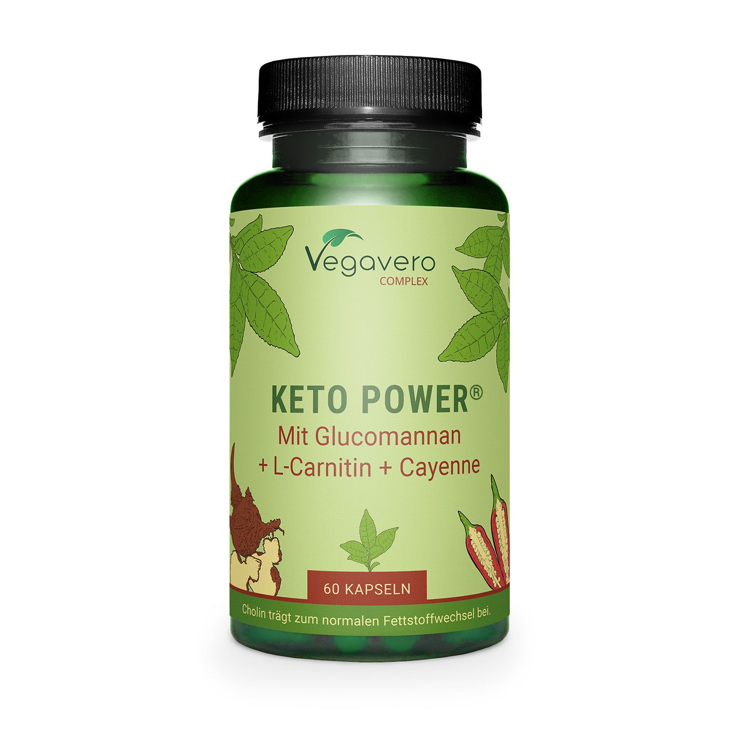 Flacone verde con tappo nero. Scritta: Keto Power, 60 capsule. Marchio: Vegavero.