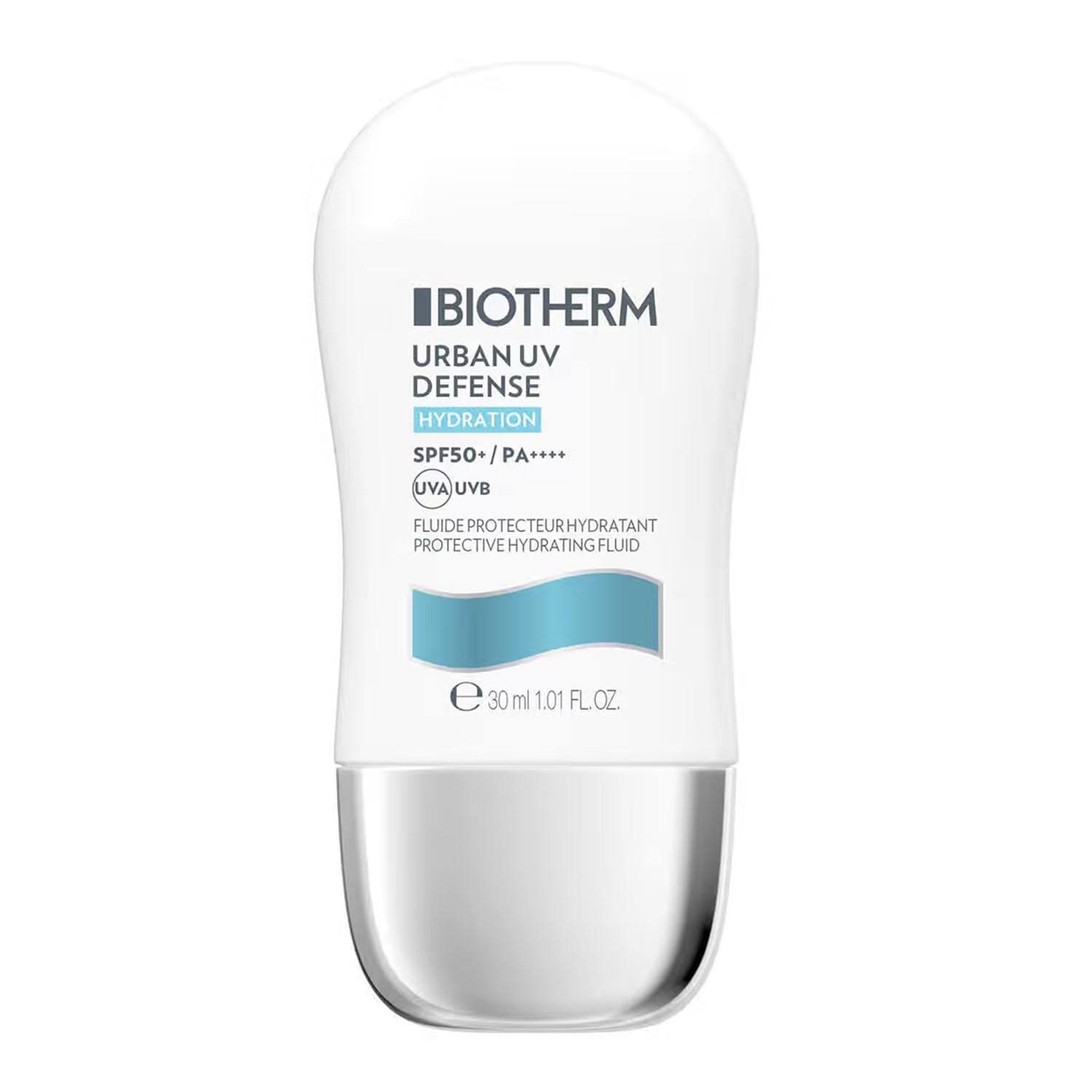 Flacone bianco-argento. Testo: Biotherm, Urban UV Defense, Hydration, SPF50+/PA++++, Fluide protecteur hydratant. Grafica blu. 30 ml.