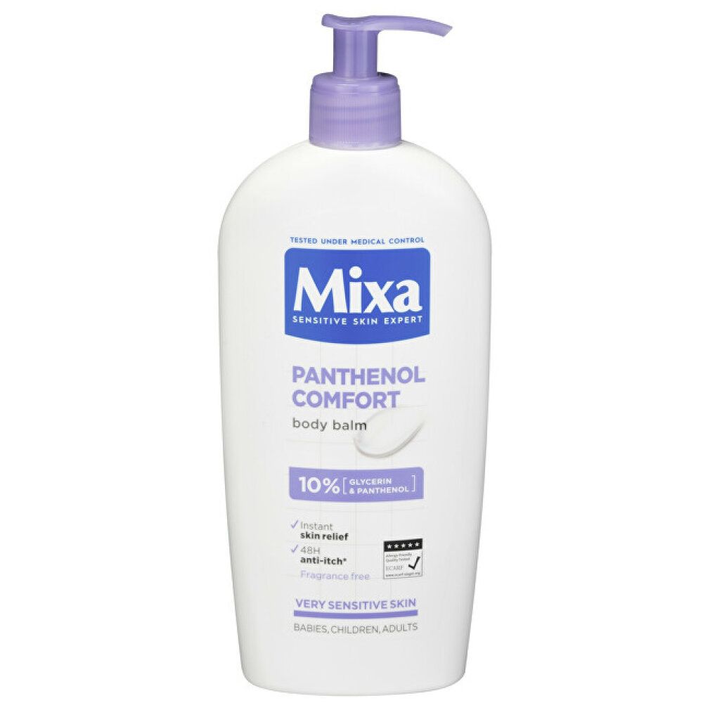 Flacone bianco con pompa viola. Scritta: Mixa, Panthenol Comfort, balsamo corpo. Per pelli molto sensibili.
