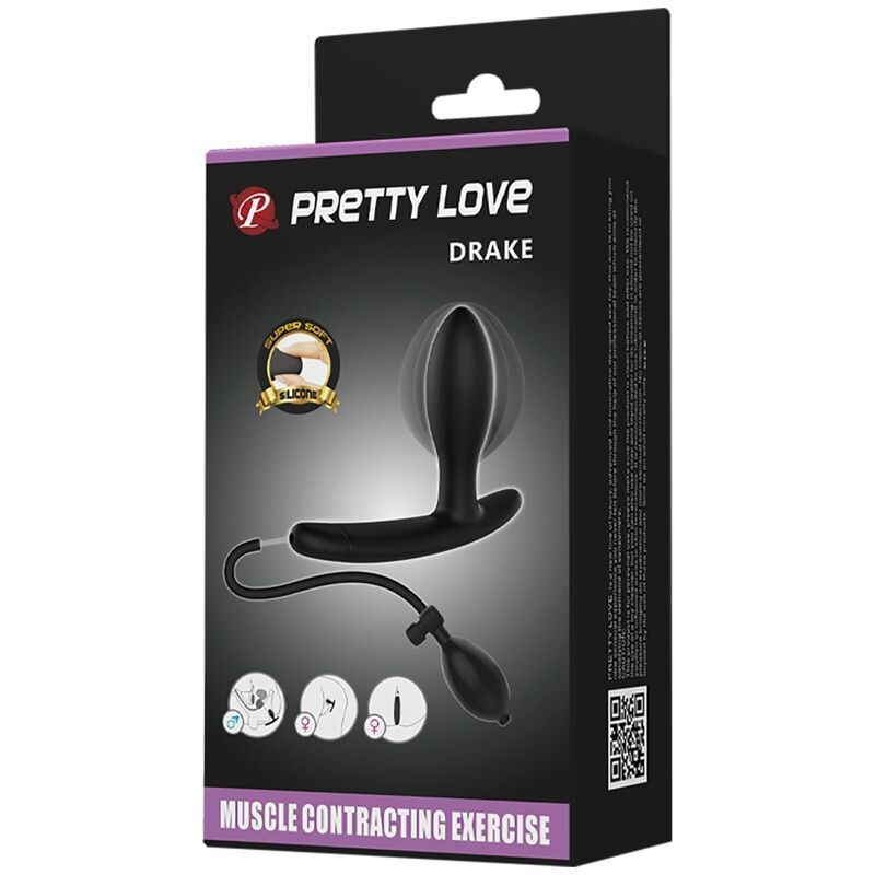 Confezione con prodotto benessere. Marchio Pretty Love Drake. Prodotto e pompa illustrati. Testo: Muscle Contracting Exercise.