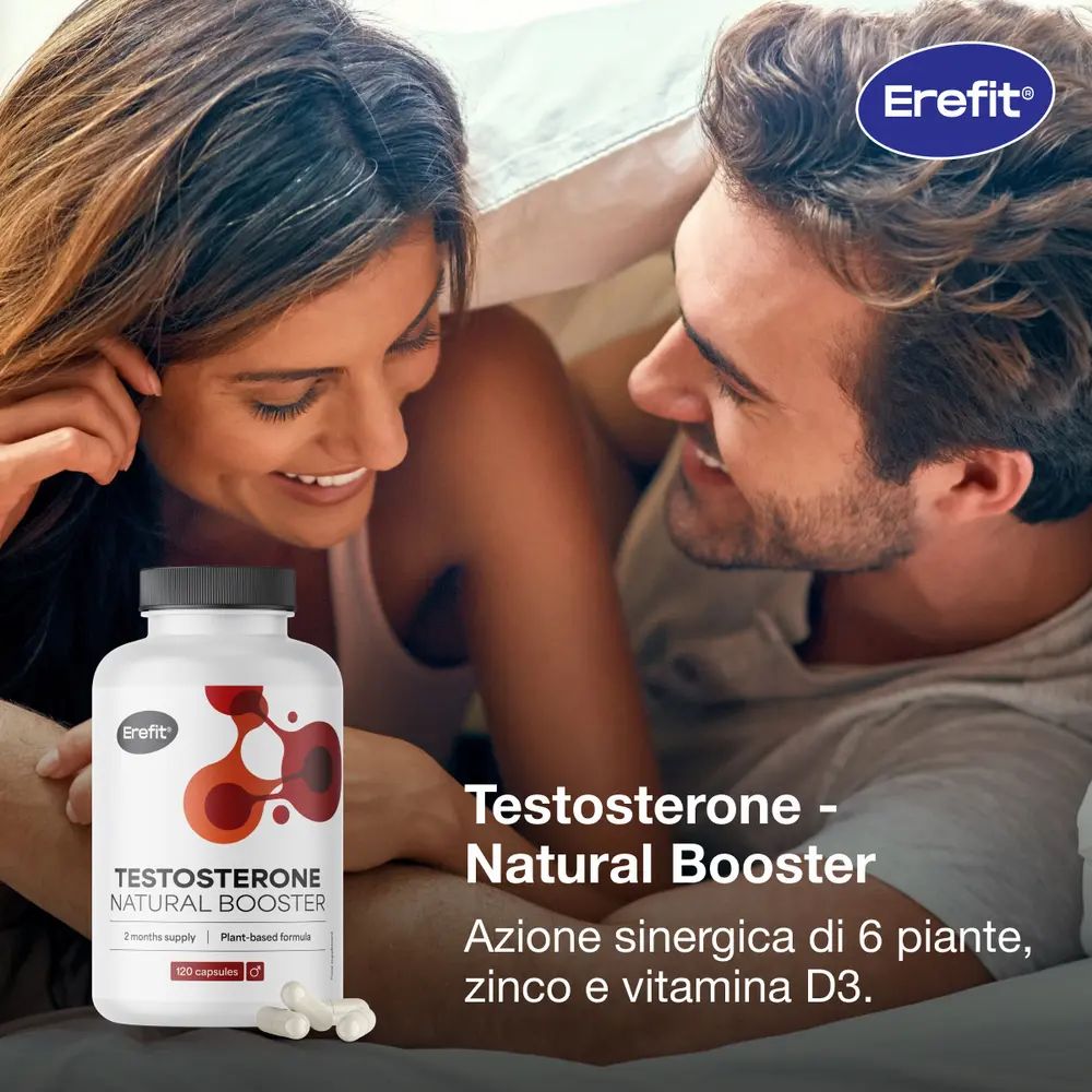 Coppia a letto, flacone di capsule. Scritta: Erefit, Testosterone Natural Booster.