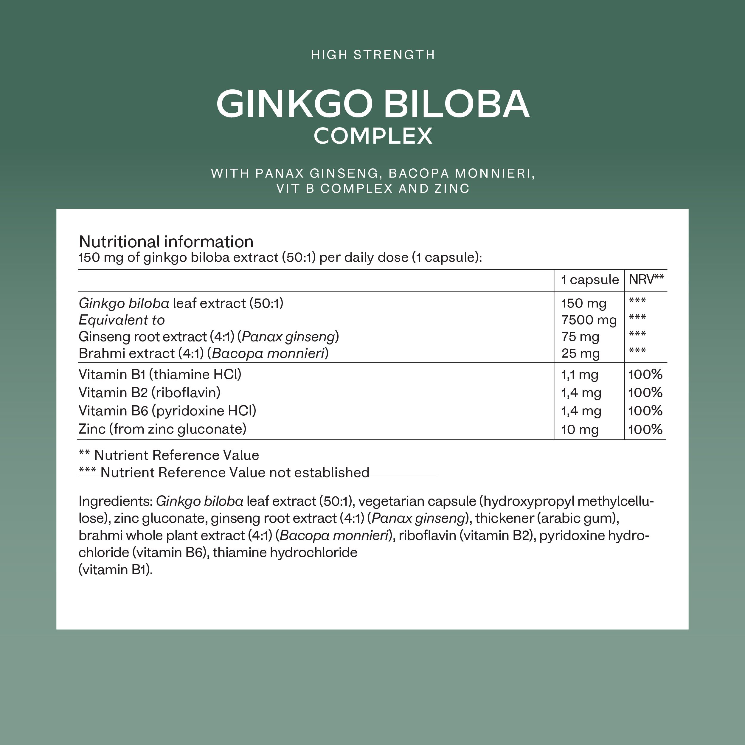 Aavalabs Ginkgo Biloba Complex. Informazioni nutrizionali. 150mg estratto di Ginkgo Biloba. Con Panax Ginseng, Bacopa Monnieri, Vitamina B e Zinco.