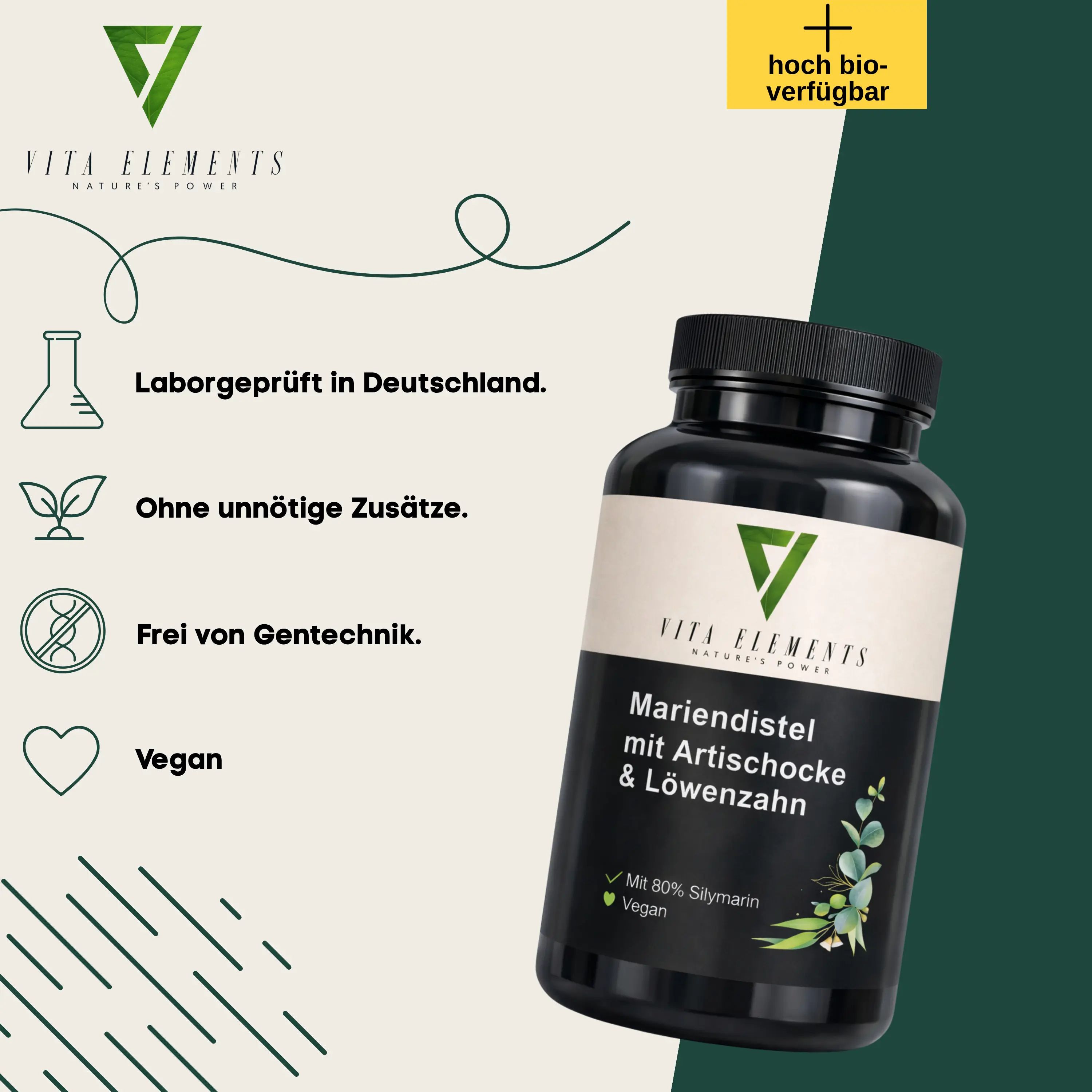 Barattolo di capsule Vita Elements Cardo Mariano. Sinistra: Testato in laboratorio, senza additivi, senza OGM, Vegano.
