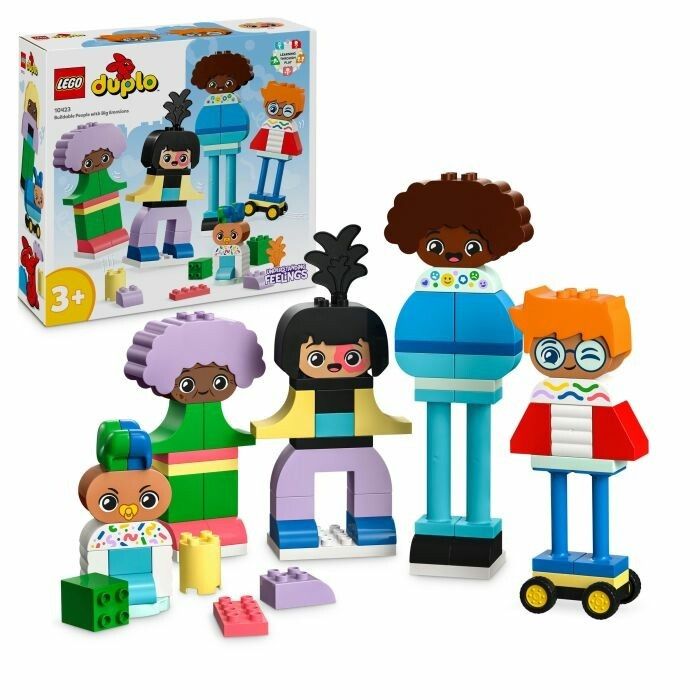Set LEGO DUPLO con personaggi e confezione. Personaggi di vari colori e forme. Confezione con nome del prodotto e età.