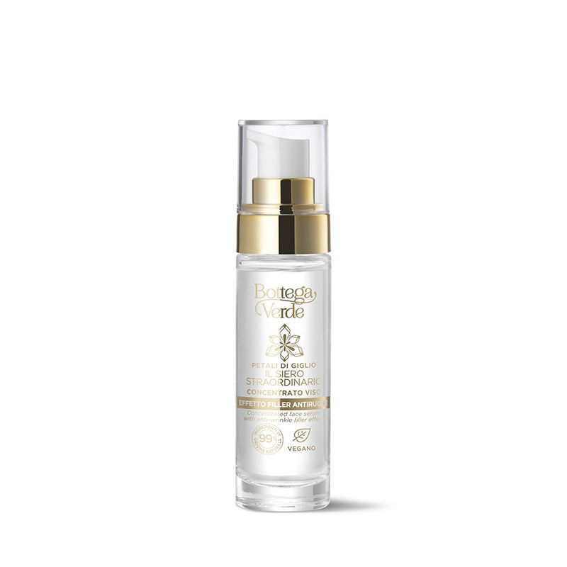 Siero viso Bottega Verde in flacone trasparente con erogatore. Dettagli dorati, scritte bianche.