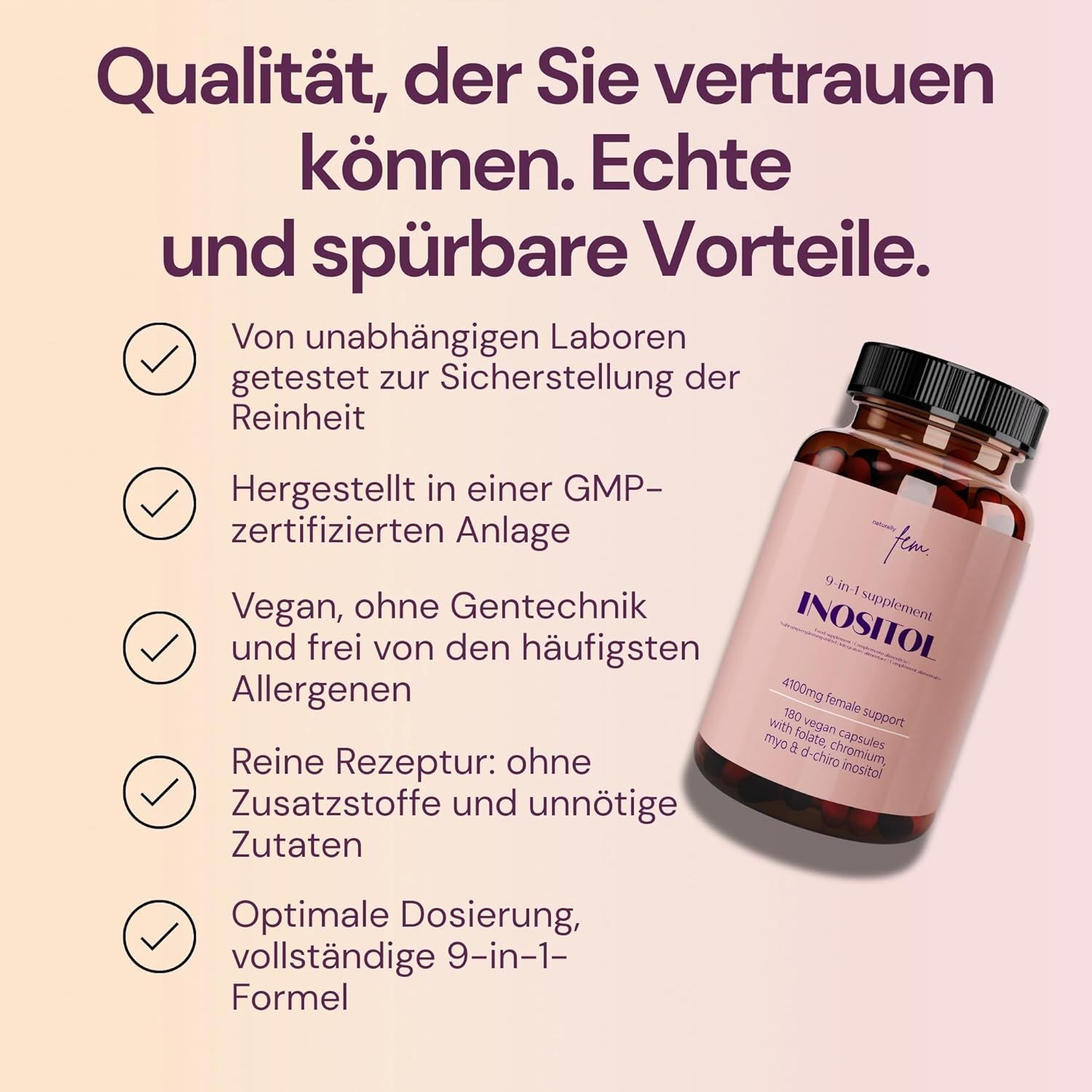 Bottiglia con etichetta rosa accanto a un elenco di caratteristiche di qualità come 'Vegano' e 'Certificato GMP'.