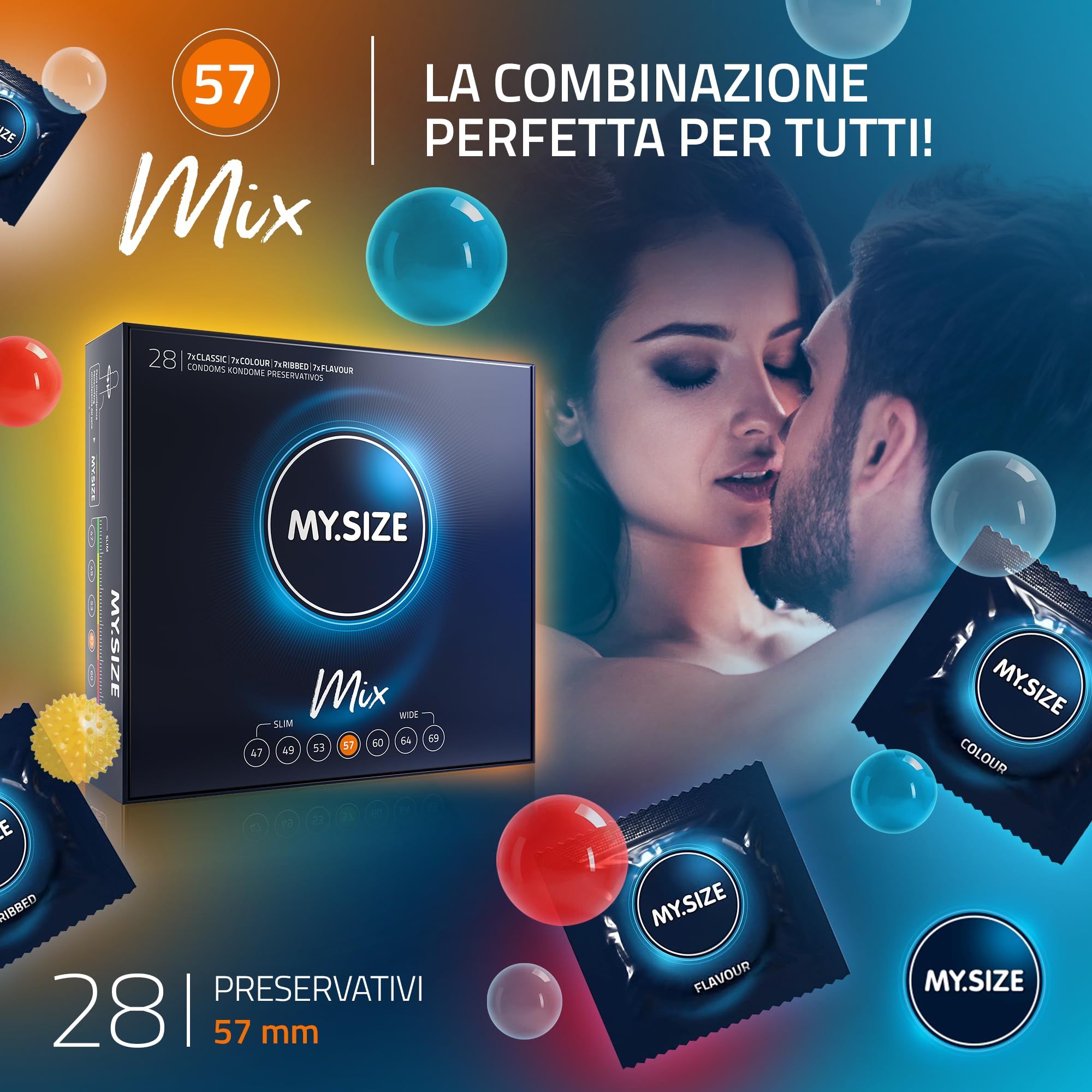 Preservativi MY.SIZE Mix: 28 pezzi, misura 57mm. Varietà miste.