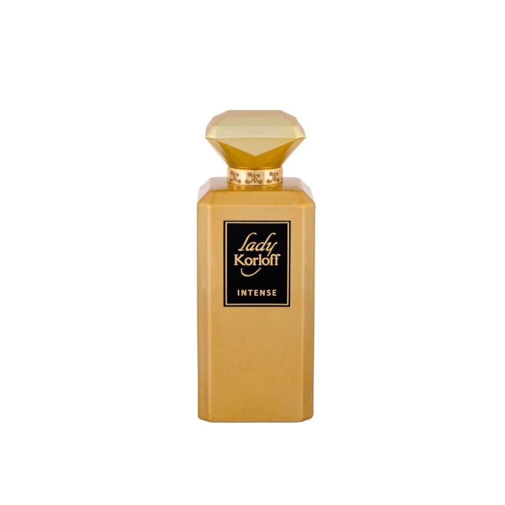 Flacone dorato. Scritta: Lady Korloff Intense. Flacone con tappo a diamante. Etichetta nera.