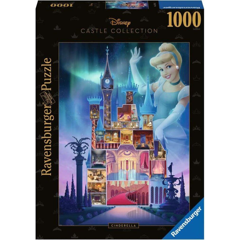 Scatola puzzle con Cenerentola. Disney Castle Collection, 1000 pezzi. Logo Ravensburger. Cenerentola saluta davanti al castello.